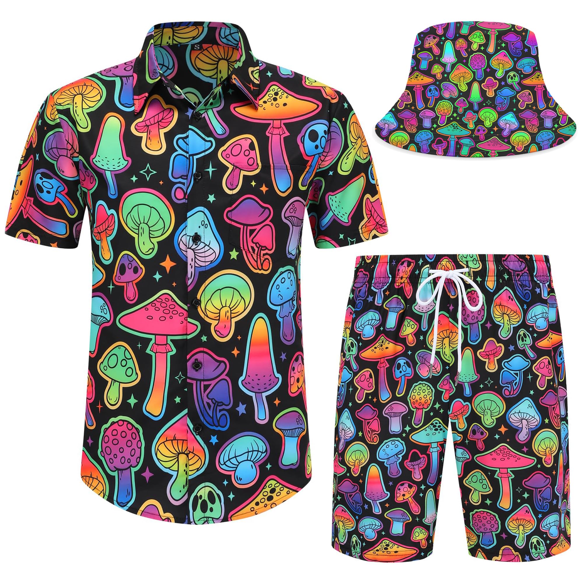 Woerexker Men's Color-05 Hawaiian Shirts And Shorts Set Funny Hawaiian Shirts For Beach Outfits Sets With Bucket Hats