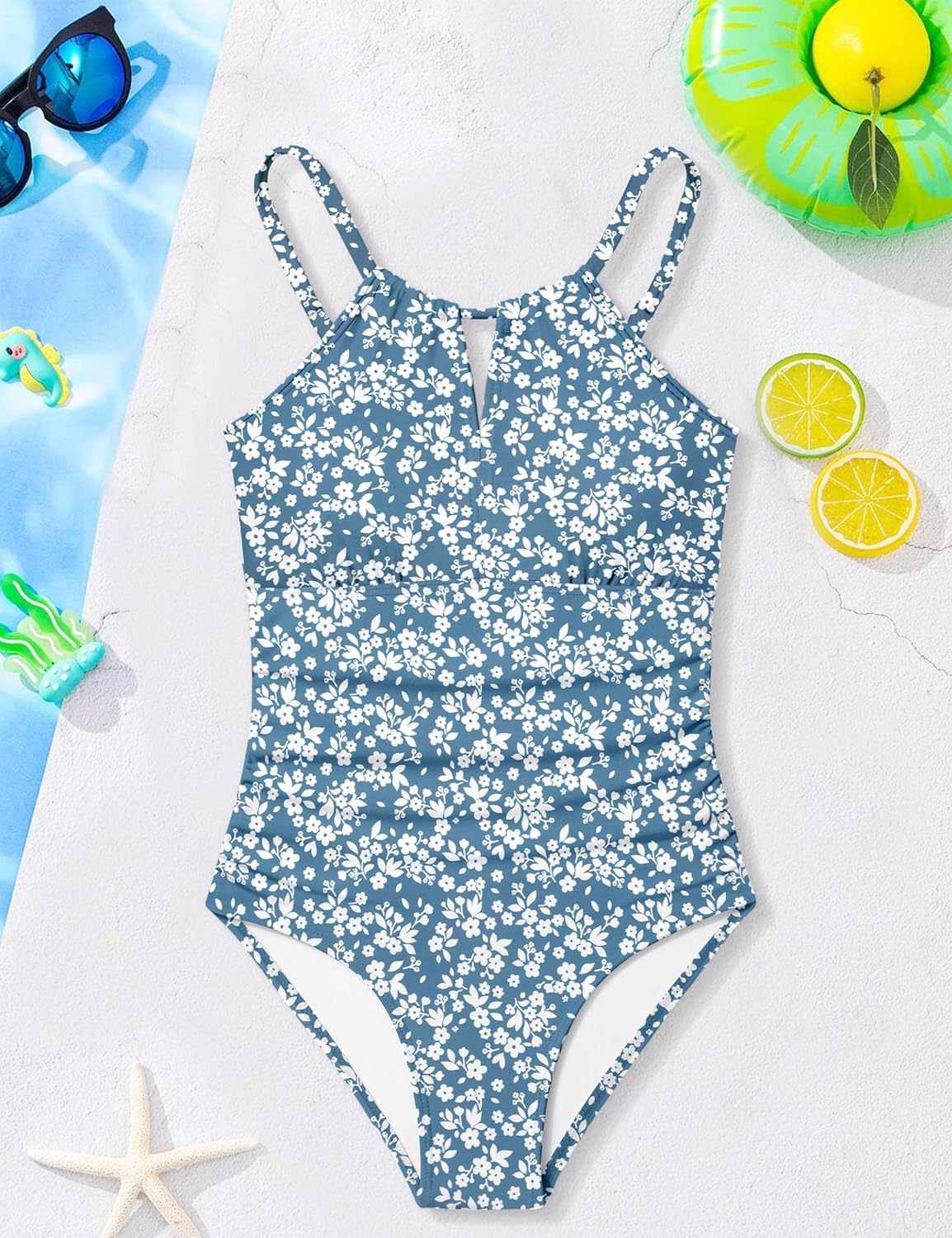 Girls Swimsuit One Piece Girls Bathing Suit Adjustable Straps Solid Modest Ruched Full Coverage Padded Swimwear 9-16y - Image 7