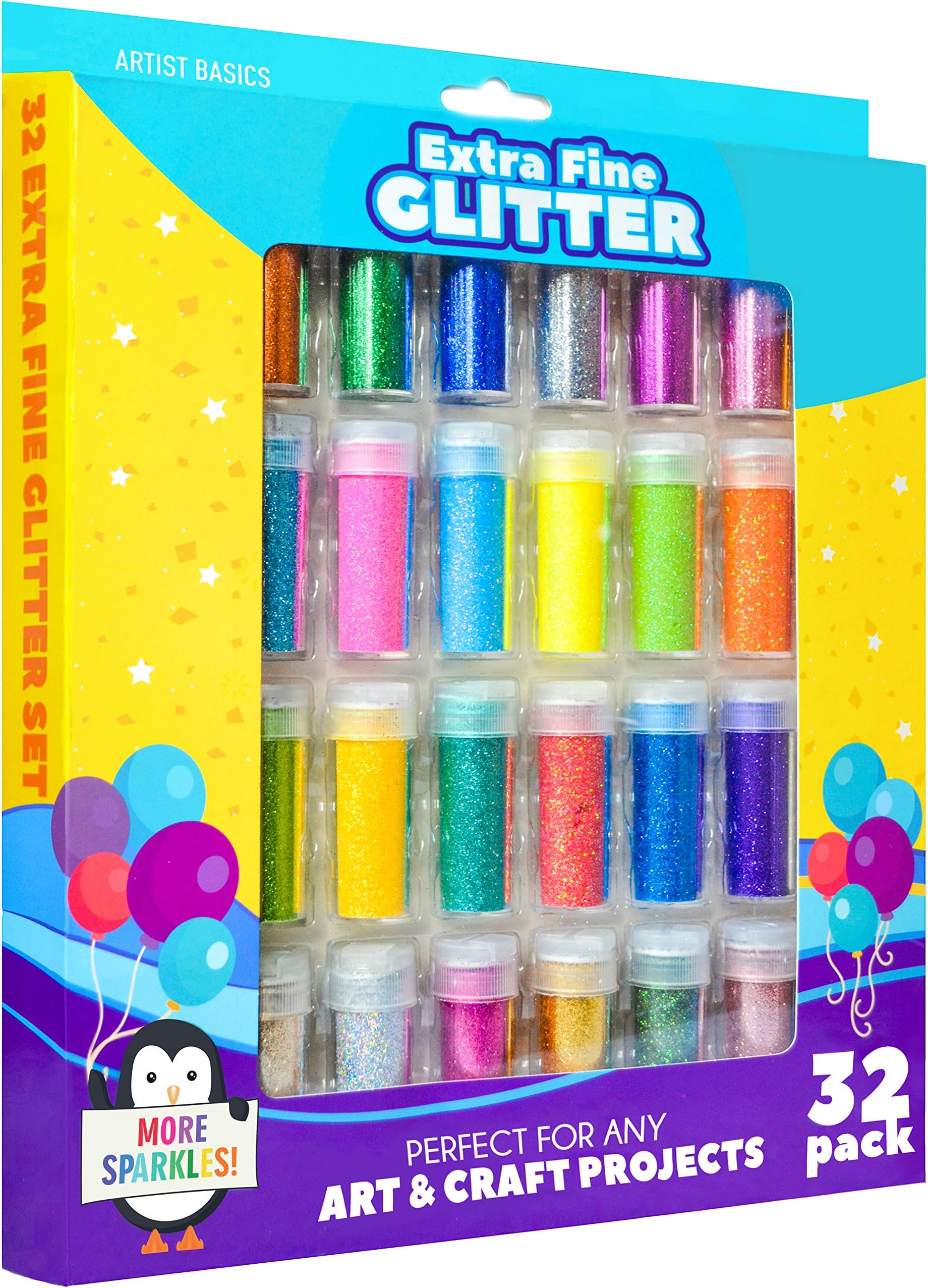Glitter Art Set 32 Pack - Ultra Fine Glitter for Slime - Craft Glitter - Art Supplies Glitter Shaker Jars - Extra Fine Glitter Set - Loose Glitter Pack - Slime Ingredients