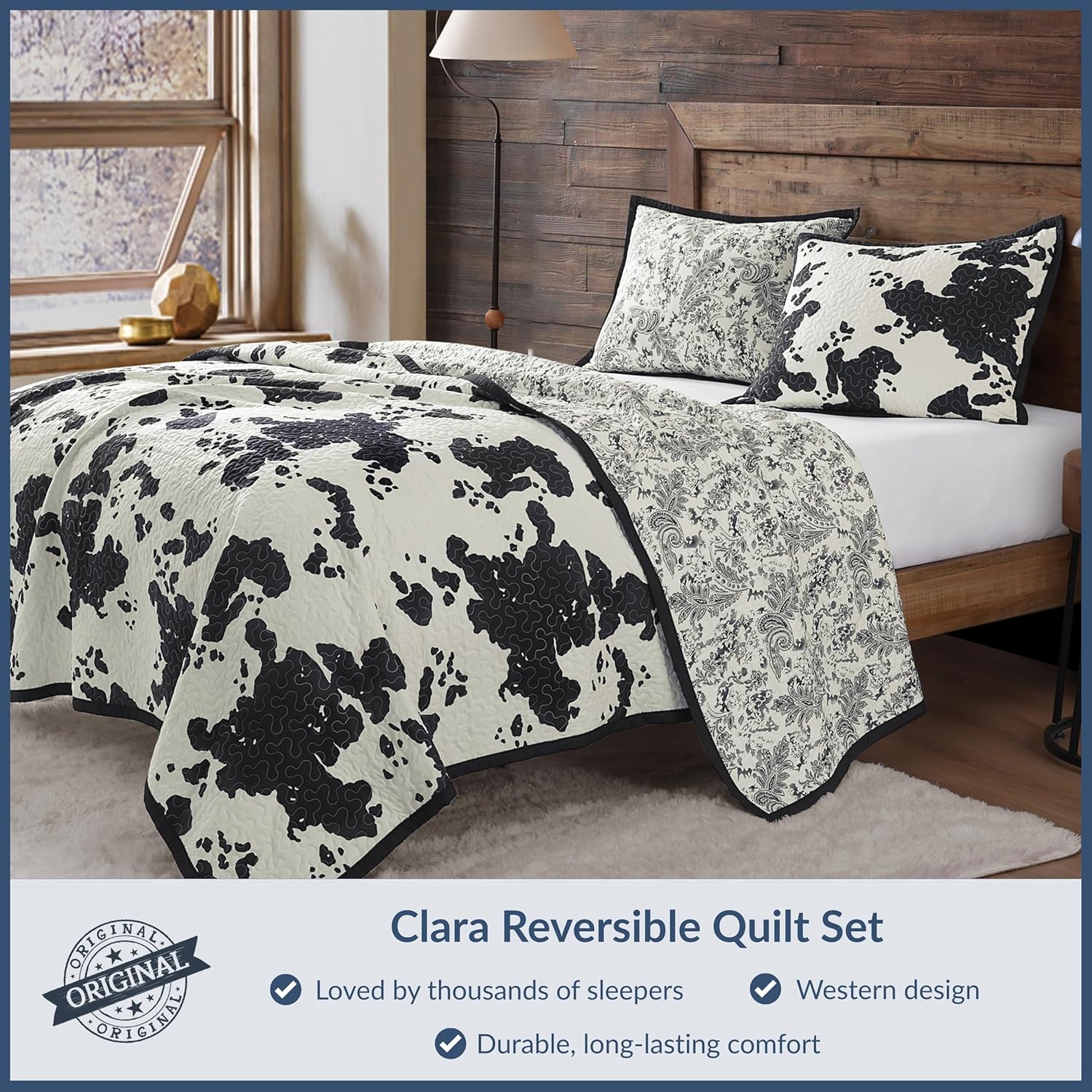 Indigo Hill by HiEnd Accents Clara Full Queen Quilt Set, 3 Piece Western Bedding Set with Pillow Shams, Black Cow Print Reversible Quilt, Soft Farmhouse Bedding, Lightweight Quilt Southwestern Bedding - Image 2