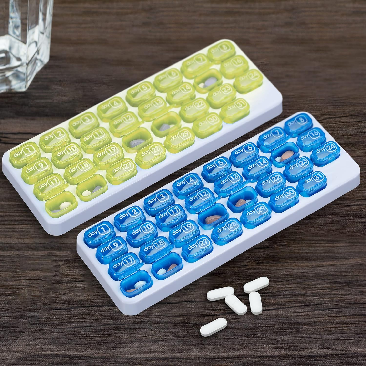 Relaxdays Set of 2 Pill Boxes, Green/Blue, 3.5 x 28.5 x 10 cm