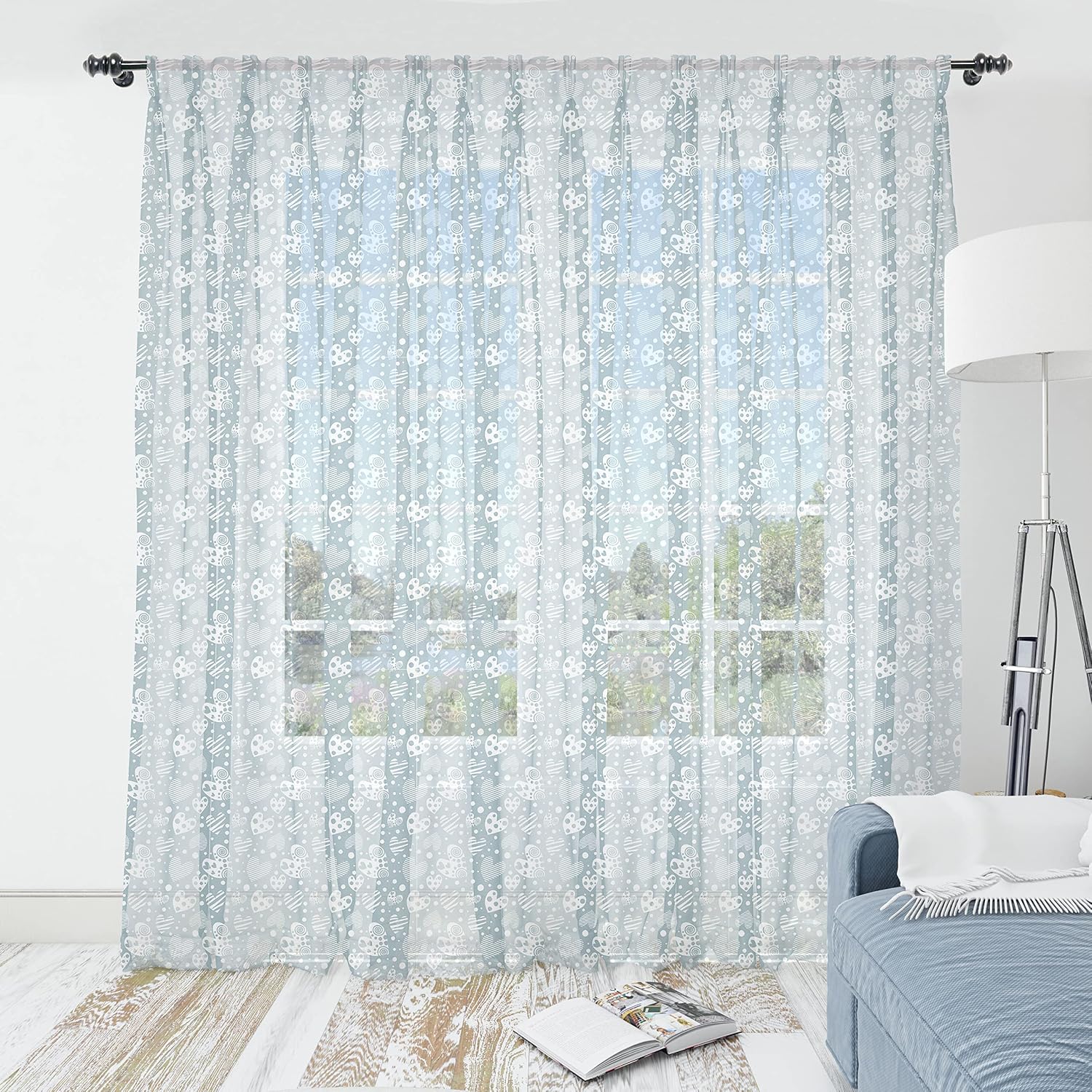 Lunarable Valentines Tulle Curtains with Rod Pocket, Various Ornamental Heart Shapes with Circles Dots Monochromatic Pattern, Sheer Drape for Wedding Party 2 Panels, 108" x 90", Blue Grey and White