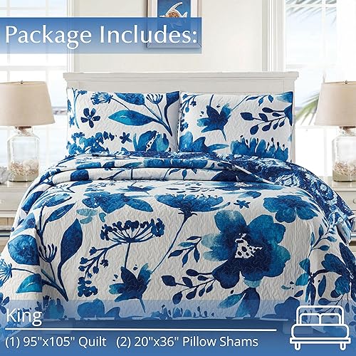 Miniatura 4 de Virah Bella Juego de ropa de cama tamaño King, edredón reversible ligero con estampado botánico índigo, con 2 fundas de almohada a juego, ropa de