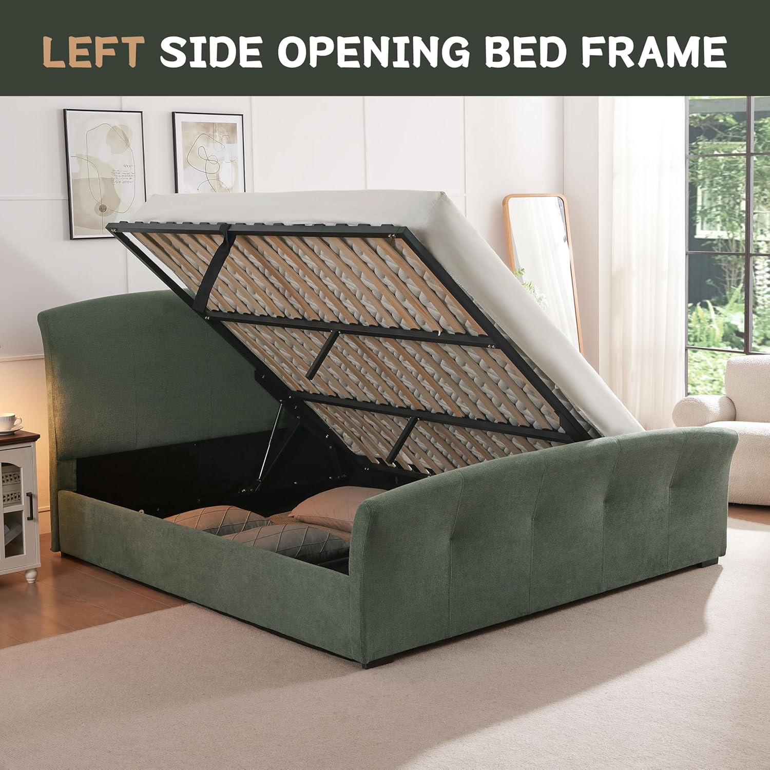 Lift-Up King Size Upholstered Bed Frame with Side-Opening Hydraulic Storage, Padded Headboard, Metal Frame, No Box Spring Needed, Moss Green