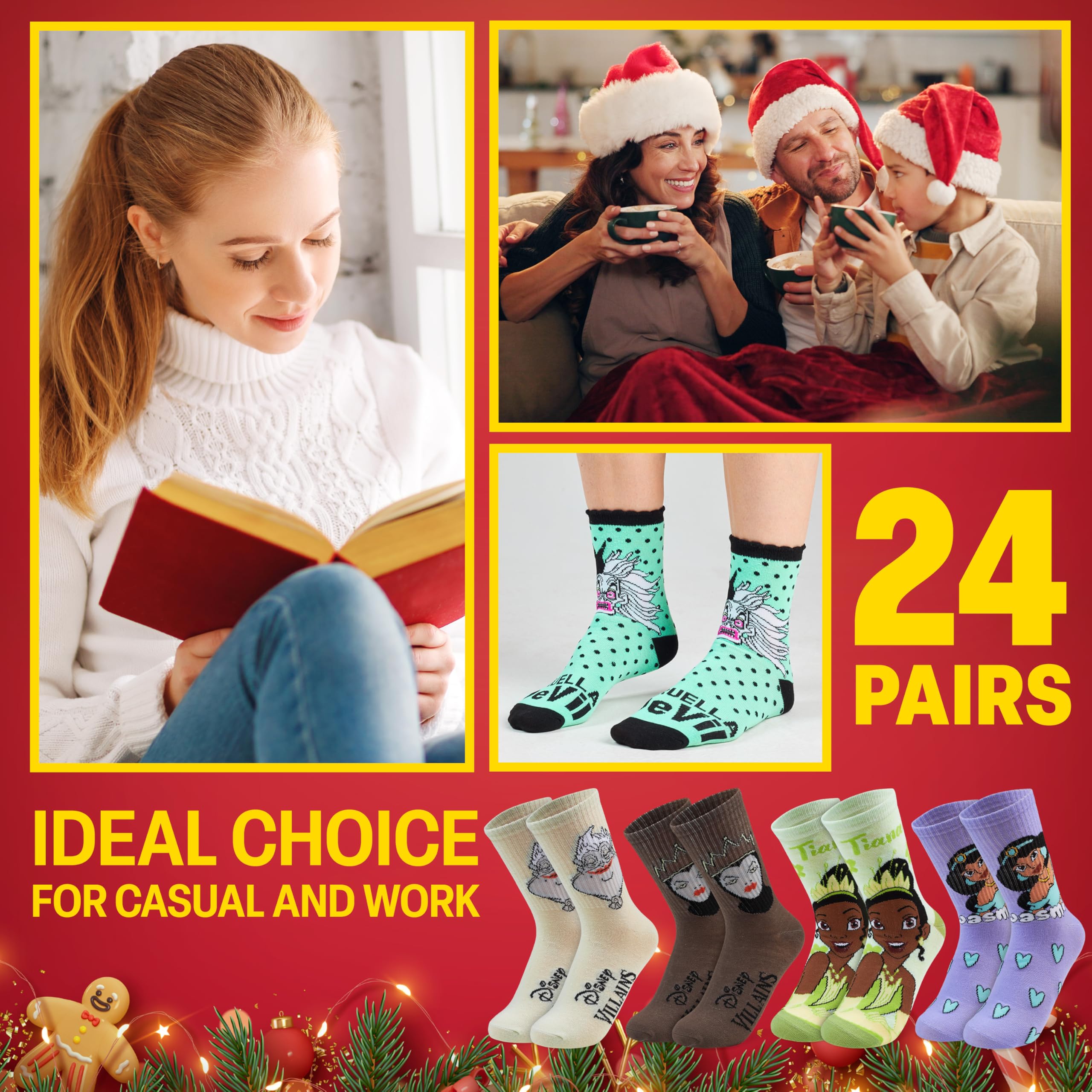 Get Trend Disney Princess & Villains Socks Advent Calendar 2025 Teens Girls Women Size 3-8, 24 works of Breathable Socks - Image 3