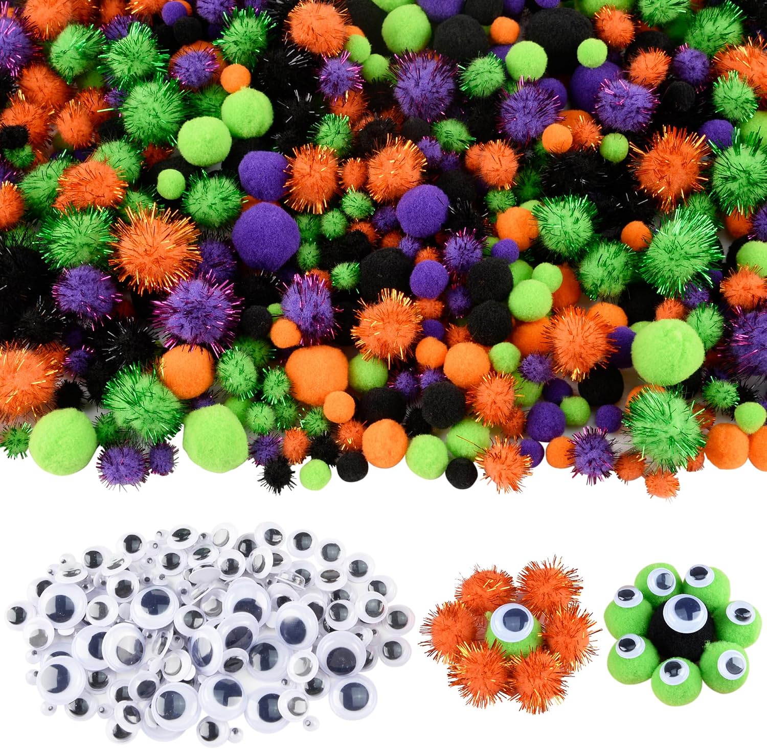 Qumenan 1000 Pieces 4 Sizes Halloween Pom Poms Crafts Assorted Glitter Pom Poms and Wiggle Eyes for DIY Hobby Supplies Halloween Party Decorations (Black, Orange, Purple,Green)