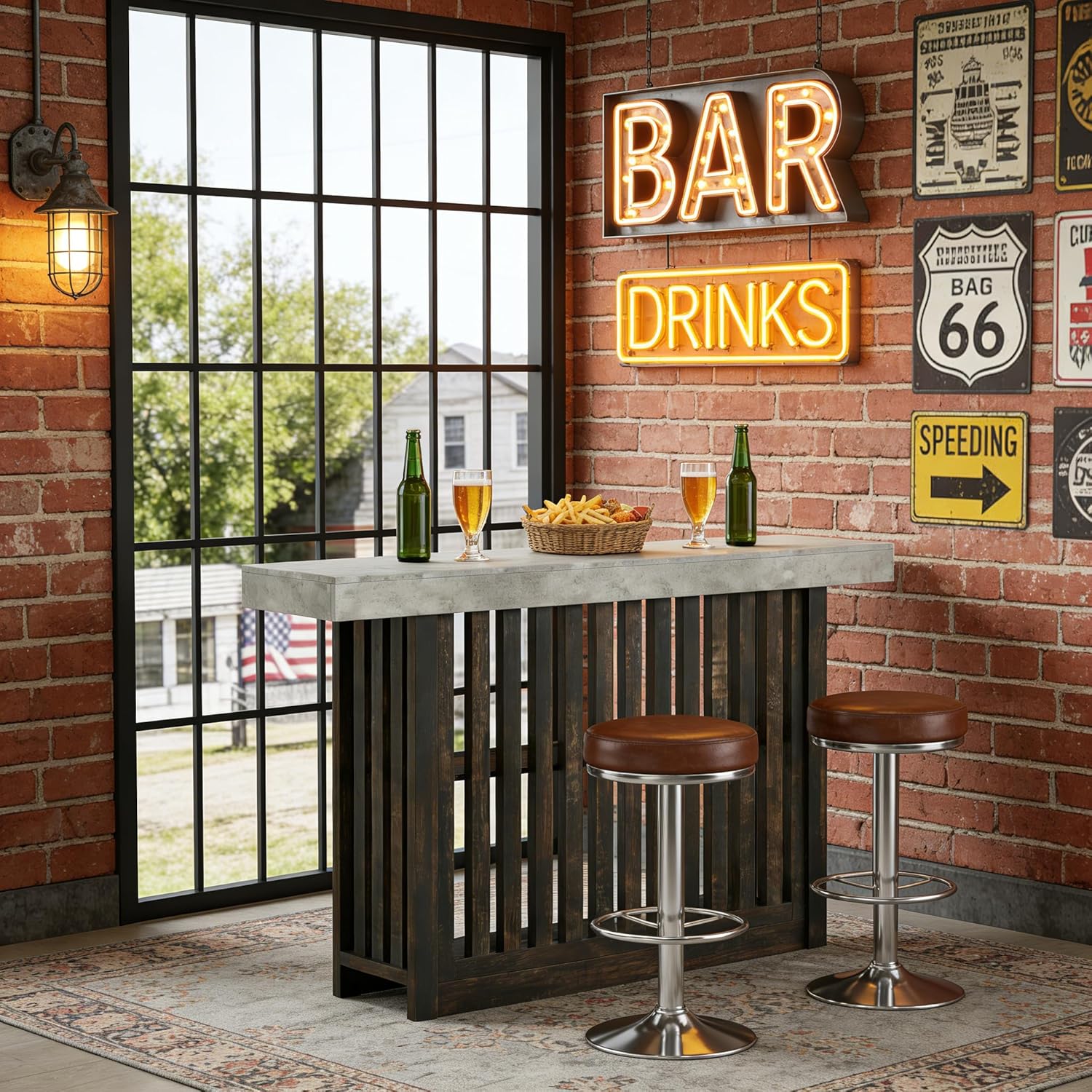 GarveeHome 63" Long Bar Table - Counter Bar Height Pub Table with 2 Tier Storage Shelves, Modern Coffee Breakfast Bar Unit for Dining Room, Bistro, Living Room, Gray + Brown