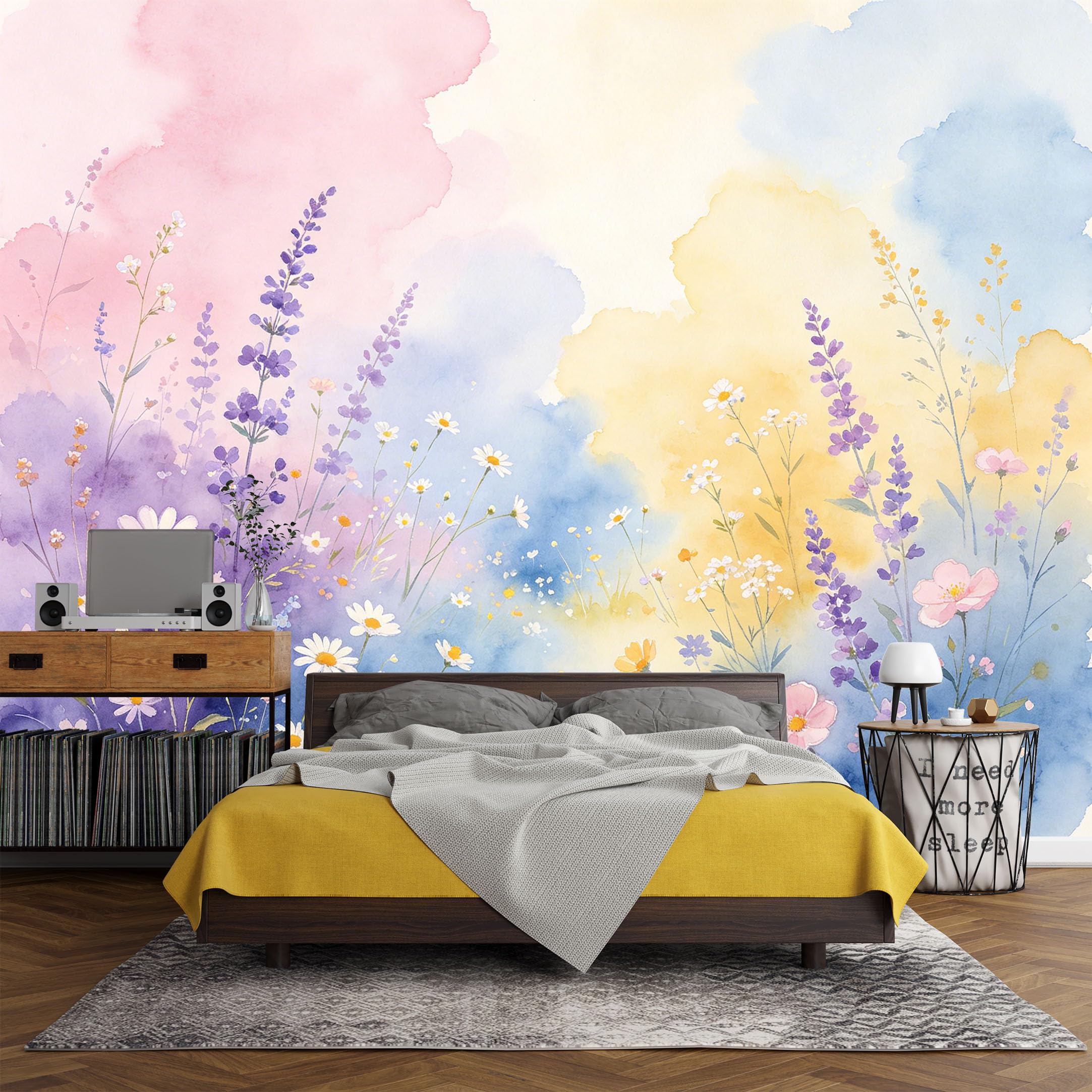 Custom Size Wall Mural， Botanical Watercolor Lavender Daisy Wildflower Pastel Art，SelfAdhesive Art Prints wall Fabric (No PVC) Removable Wallpaper Living Room Decor
