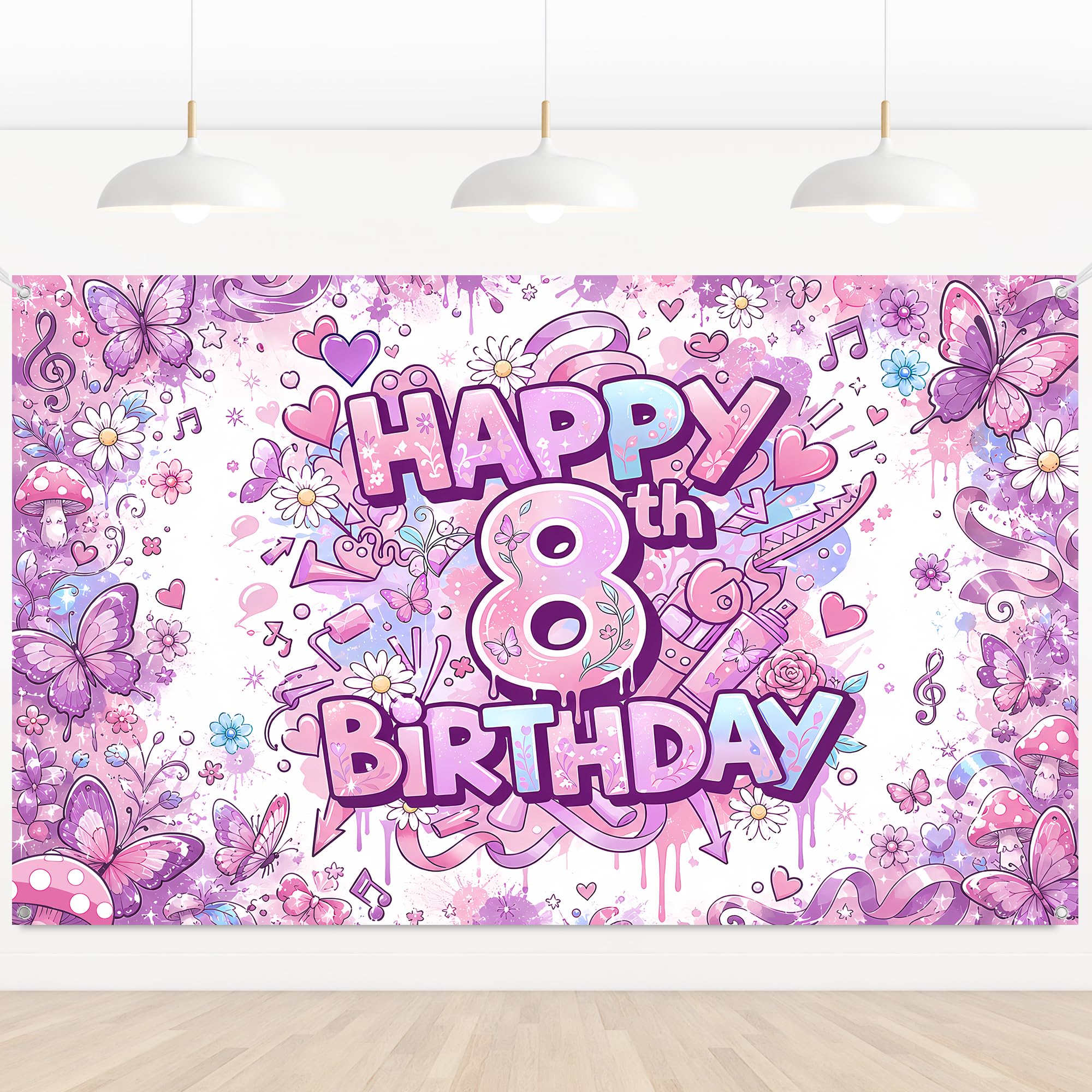 8th Birthday Decorations Banner Girl - Pink Purple Happy 8th Birthday(180 X 110 cm) Graffiti Style Themed Photography Daughter Granddaughter Niece Welcome Sign Girls for Boys 9 Year Old Party Decor
