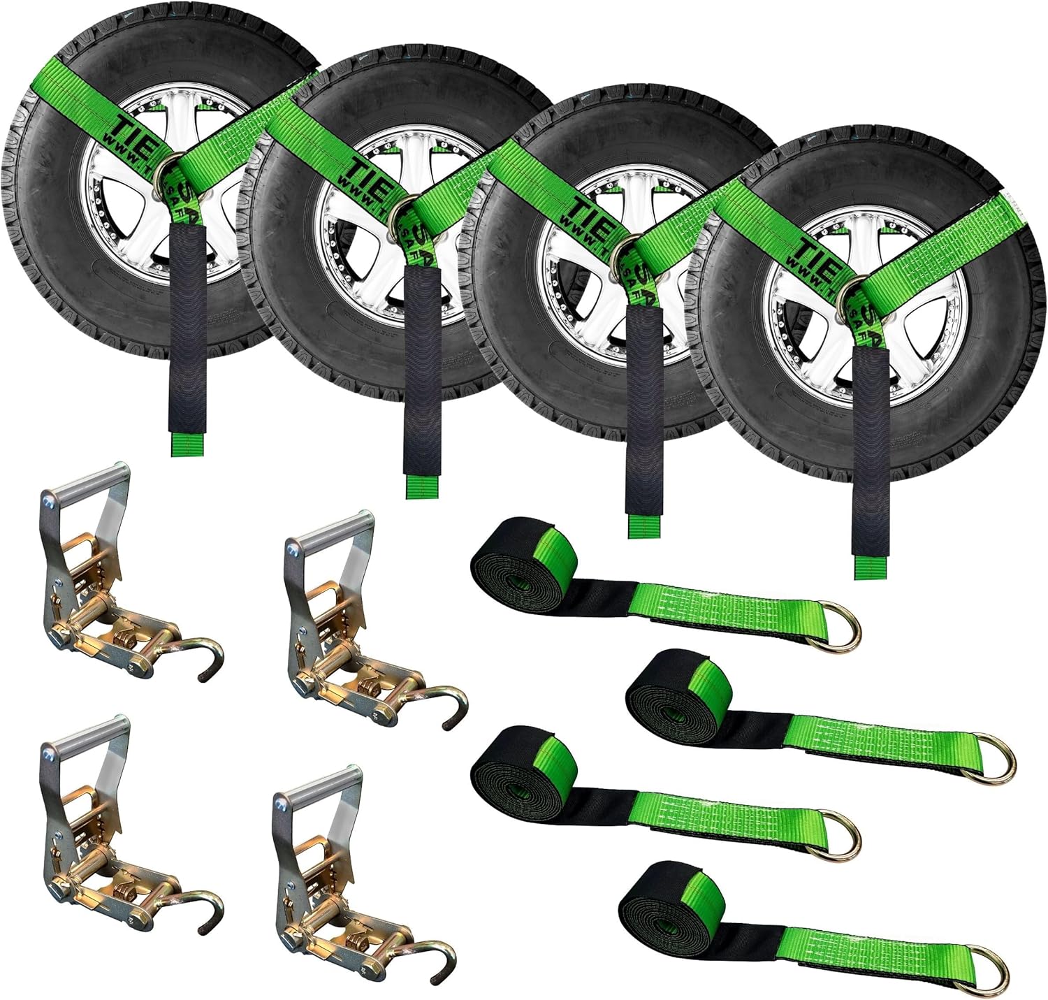 Mega Cargo Control Side Mount Wheel Net Straps with J Hook Ratchet Buckles, Red 2" x 10' Car Carrier Straps for Flatbed, Tow Trucks, Trailers