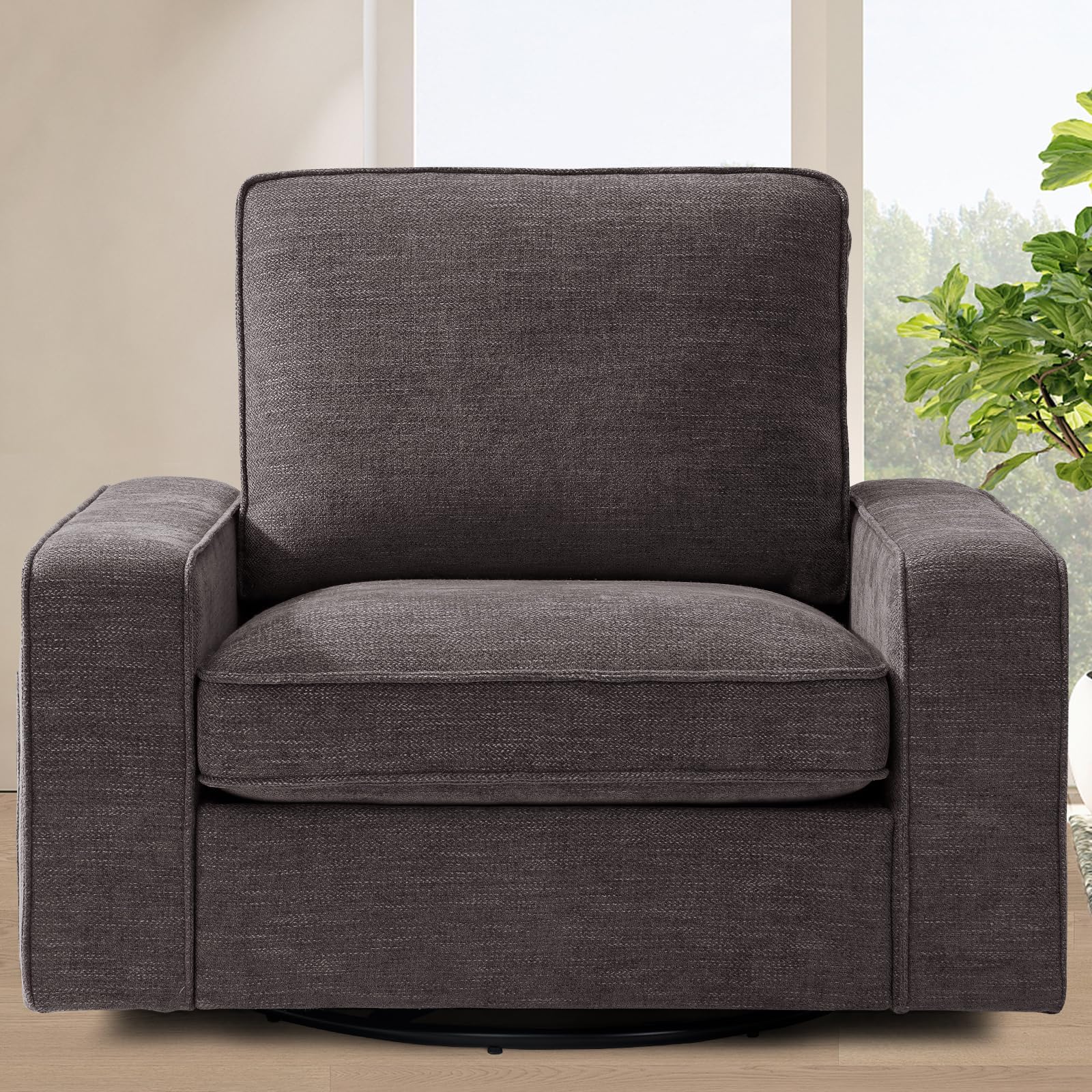 TEKAMON Swivel Accent Chair, Oversized Swivel Single Sofa Chair, Modern Chenille Fabric Barrel Armchair for Living Room/Office with Extra Wide Armrests, Washable Covers, 360° Rotation (Dark Grey)
