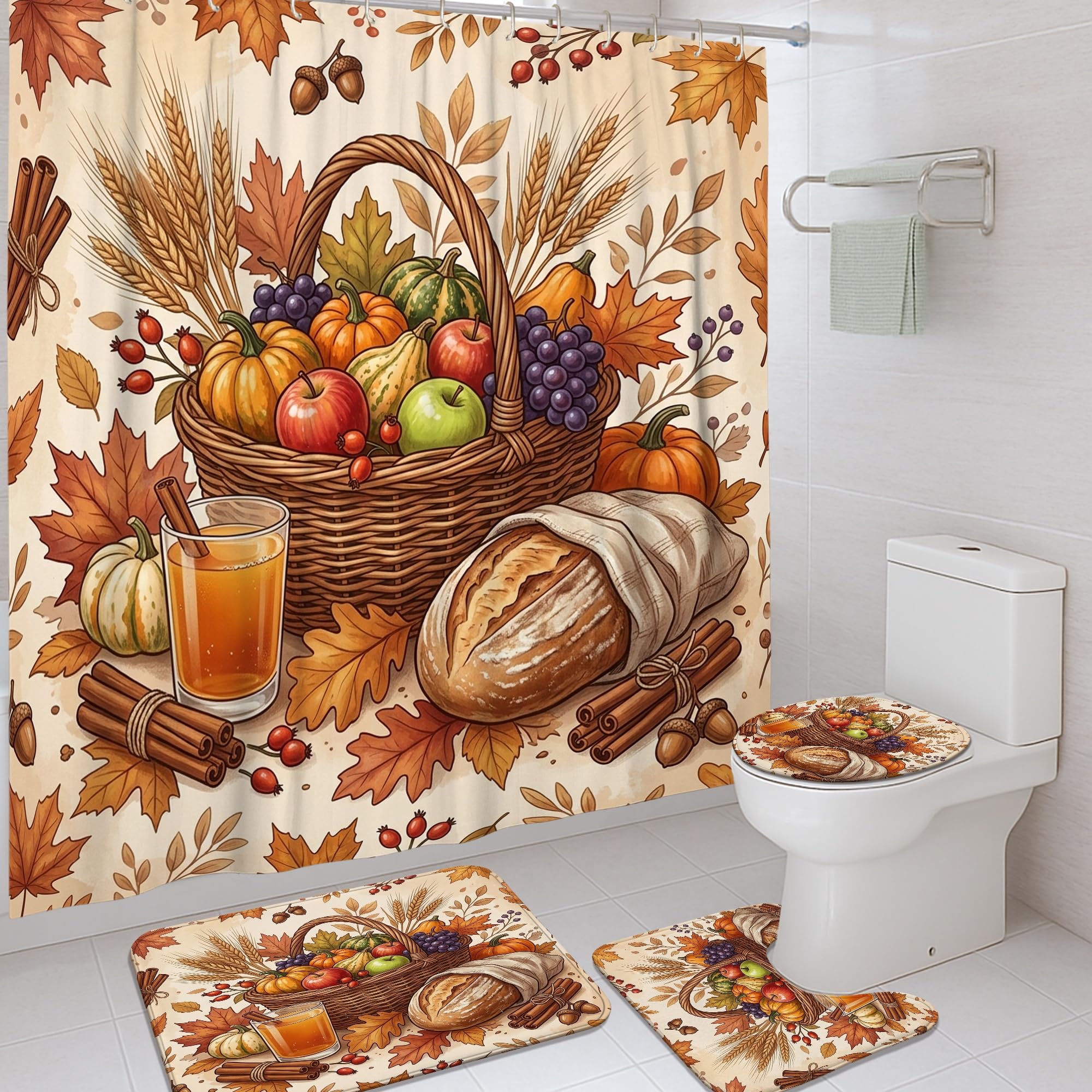 Ensemble rideau de douche citrouilles et tapis pour salle de bain d'automne