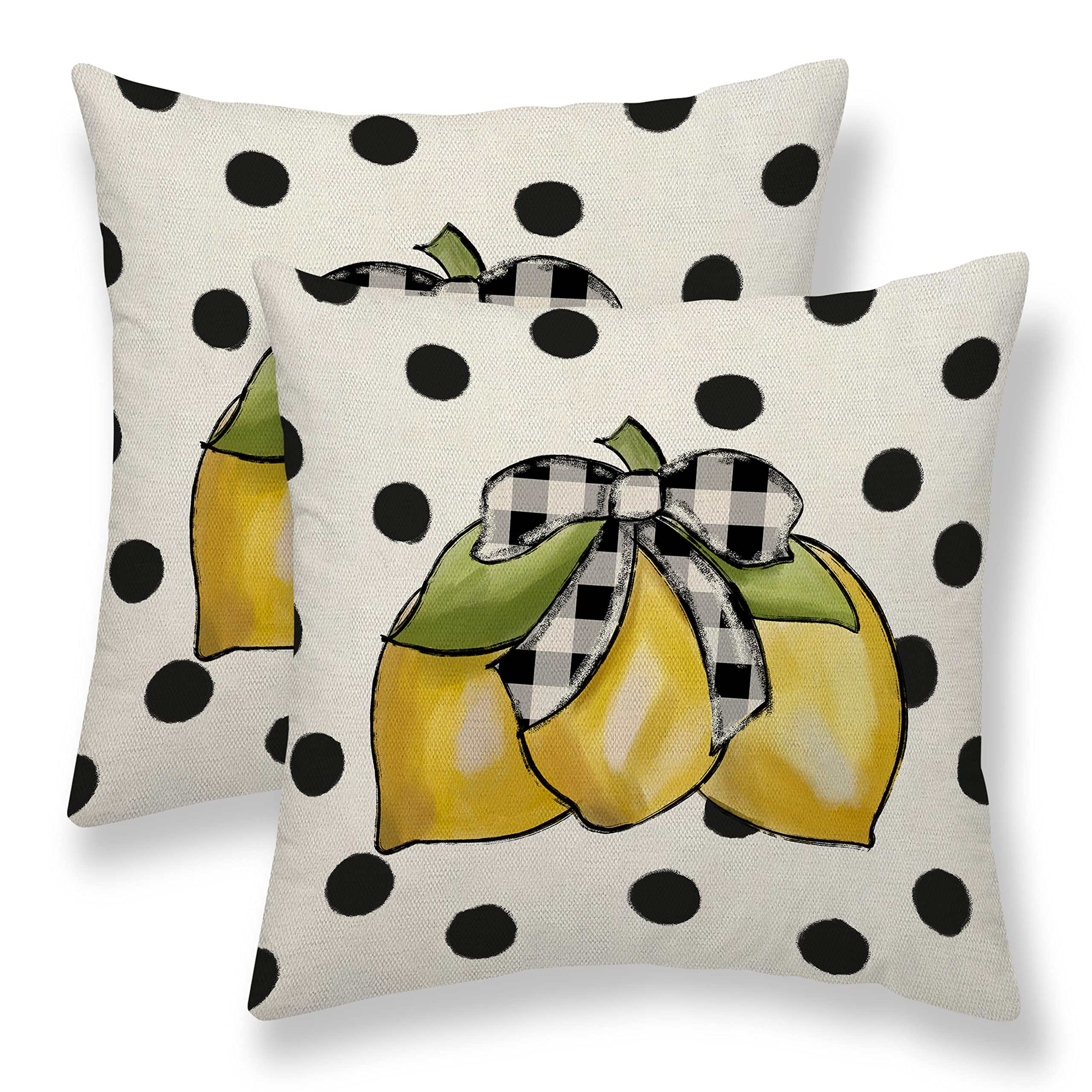 Sunshineyan Summer Pillow Covers 18x18 Set of 2, Yellow Lemons Polka Dots Decorative Throw Pillow Cases Watercolor Summer Seasonal Linen Decorations
