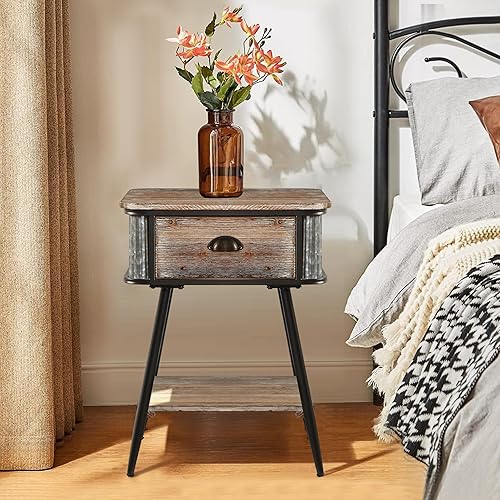 1PCS Farmhouse Night Stand with Drawer for Bedroom,Large Unique Rustic End Table Industrial Wood Grain Bedside Table,Modern Bedside Table Living Room Side Tables Easy to Assemble and Put
