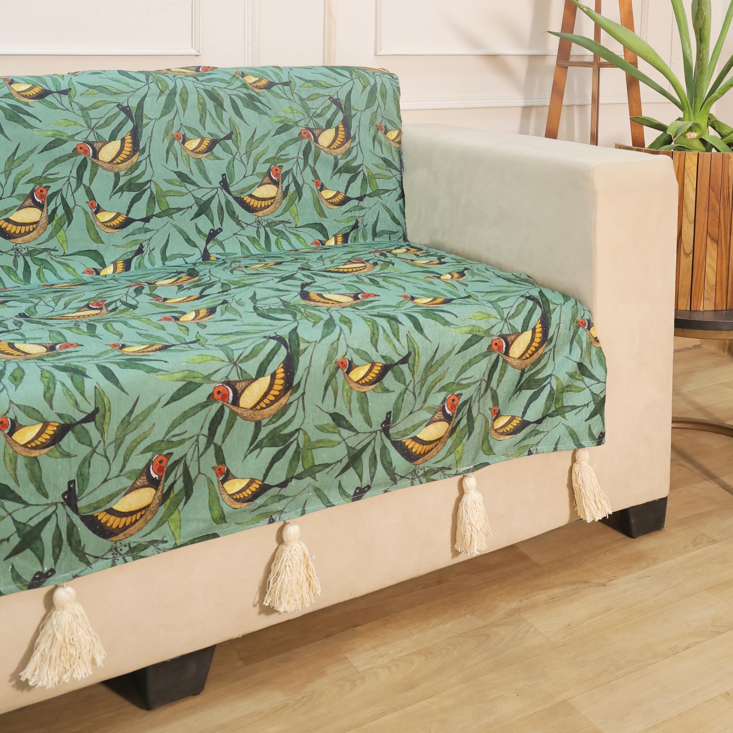STITCHNEST 'Eden Weaves Collection Series' 1 Seater Sofa Cover – Full Coverage| Elegant Woven Fabric, Decorative Tassels, Washable & Durable for Modern Living