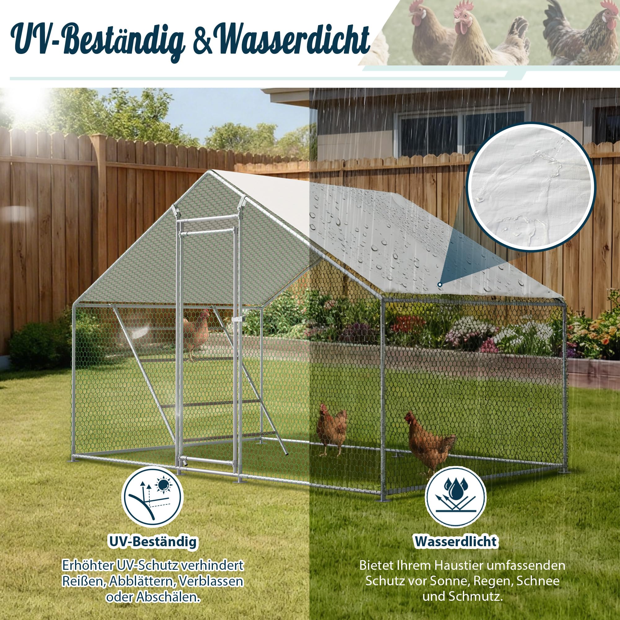Gallinero de 3 x 2 m con escalera, cerradura de seguridad, cubierta impermeable UV y tubos de acero de 1 mm, resistente al invierno para pollos, palomas, patos
