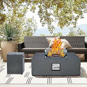 2-Piece Outdoor Propane Firepit Table Set w Tank Table, 36 in Square Gas Fire Pit Table w 16 in Tank Side Table, 50000 BTU Gas Firepit Table w Removable Lid, Wind Guard, Blue Glass Rocks, Rain Cover
