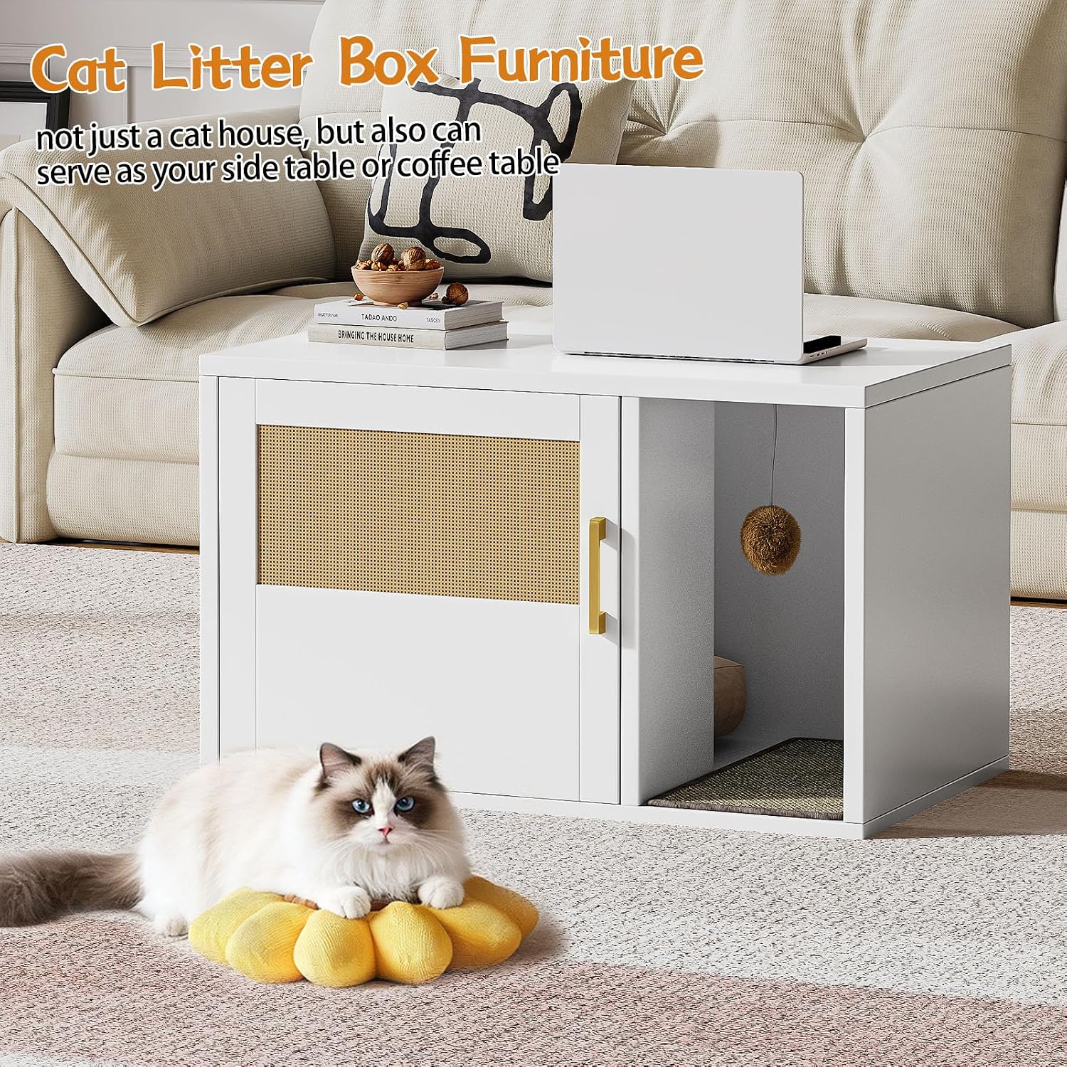 Cat Litter Box Enclosure, Hidden Litter Box Furniture with Door & Bell, Pet House Fit Most of Litter Box, White