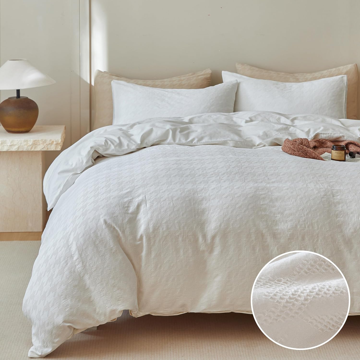 BISELINA 100% Cotton Waffle Weave Duvet Cover Set – Houndstooth Pattern, Soft & Lightweight Farmhouse Bedding, Breathable for All Seasons, 3PCS (1 Duvet Cover & 2 Pillow Shams) – White, King Size