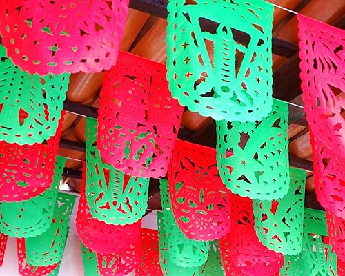 Miniatura 7 de Paquete de 5 banderas de papel picado rojo y verde de Feliz Navidad, decoraciones navideñas y españolas para fiestas, 50 paneles hechos de papel de