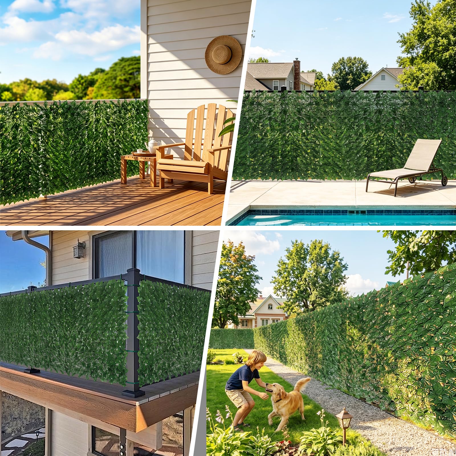 Edera artificiale in resina UV per la privacy, 2,4 x 1,8 m, verde finto per balcone, giardino, patio, cortile e decorazione da parete per interni/esterni, verde