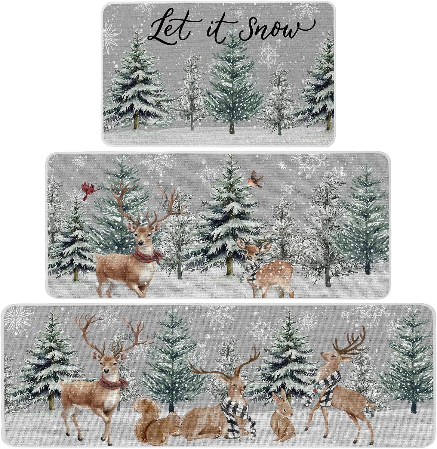 Baccessor Christmas Winter Kitchen Rugs Set of 3, Snowy Pine Tree Deer Cardinal Snowflakes Kitchen Mats Washable Non Slip Rubber Backing Xmas Farmhouse Home Floor Holiday Indoor Laundry Decor