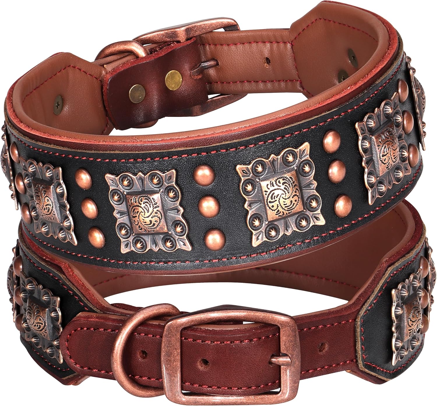 PET ARTIST Soft Padded Leather Dog Collar, 2 inch Wide Genuine Leather Dog Collars with Stylish Studded Rivet & Metal Buckle, Luxury & Adjustable Pet Collars for Medium Dogs,Black,Neck 16-19"