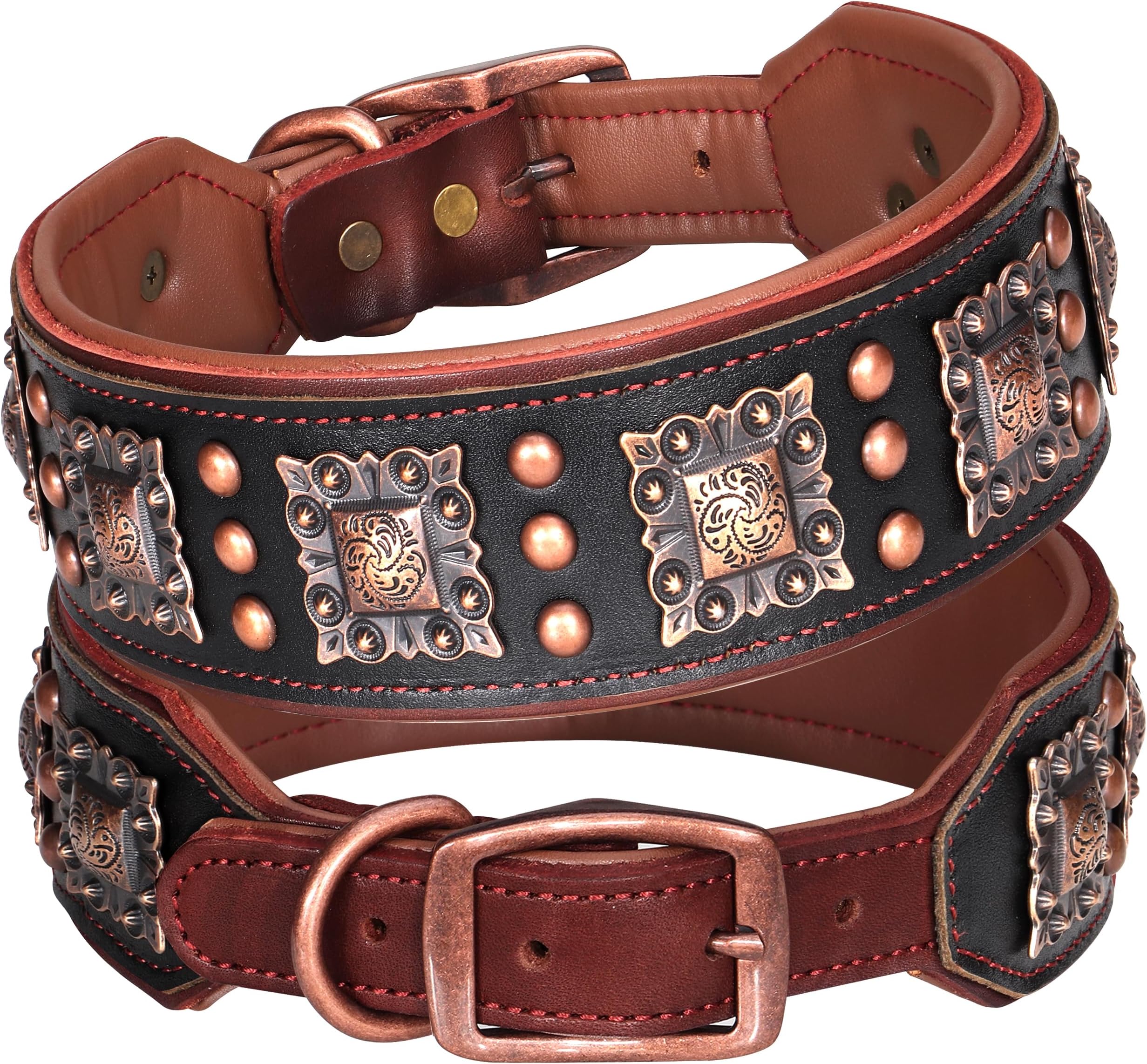 PET ARTIST Upgrade Padded Leather Dog Collar, 2 inch Wide Genuine Leather Dog Collars with Strong Studded Rivet & Metal Buckle, Adjustable Large Dog Collar for Pit Bull Doberman,Black,Neck 19-22"