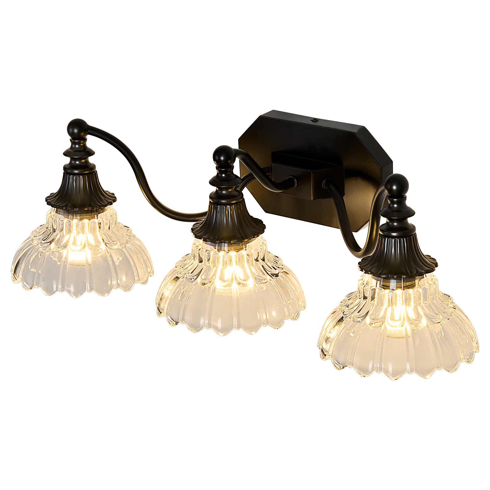 Image of hesoge Farmhouse Bathroom Light Fixture Vintage Vanity Light with Crystal Glass Shade Black 3 Light Wall Mount Lamp Over Mirror
