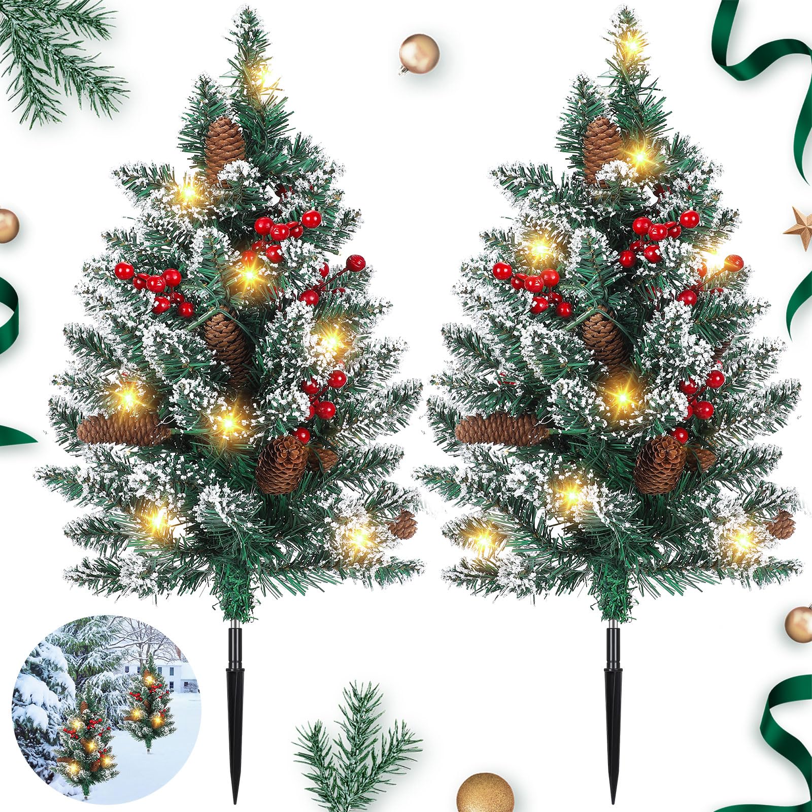 Lunmon Lot de 2 urnes de sapin de Noël artificielles pré-éclairées de 61 cm avec lumières LED sur piquet décoré de pommes de pin floquées de baies rouges pour Noël, cour, porche, terrasse, allée
