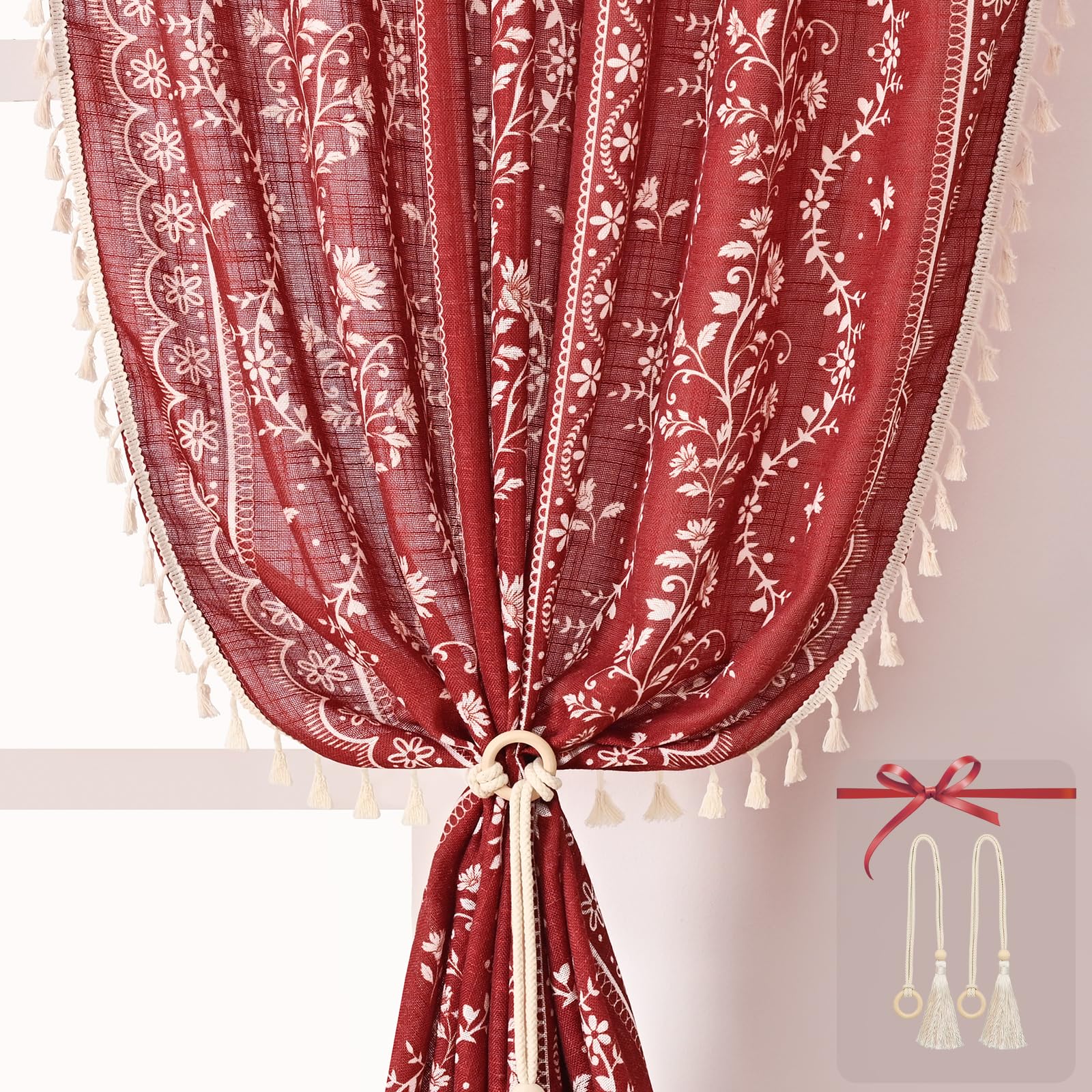 Yinhua Boho Curtains for Living Room 63 Inch Length Vintage Linen Red Curtains for Bedroom Light Filtering Floral Window Curtain Rod Pocket &amp; Back Tabs Farmhouse Rustic Tassel Drapes with Tiebacks
