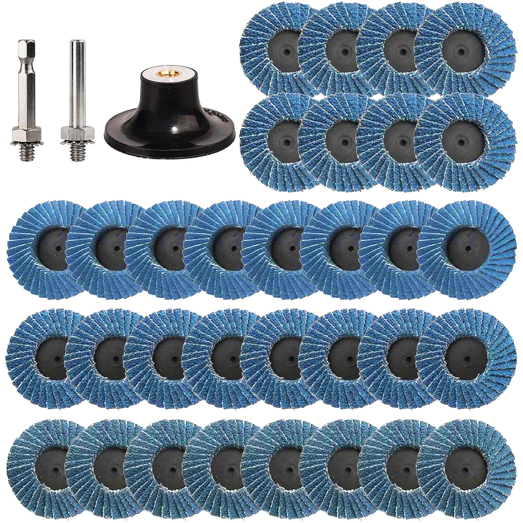 Lot de 32 disques à lamelles de 50 mm pour perceuse, disques abrasifs de 5 ", grain 40/60/80/120, en corindon de zirconium, avec adaptateur de 6,35 mm, pour métal, bois, acier rapide
