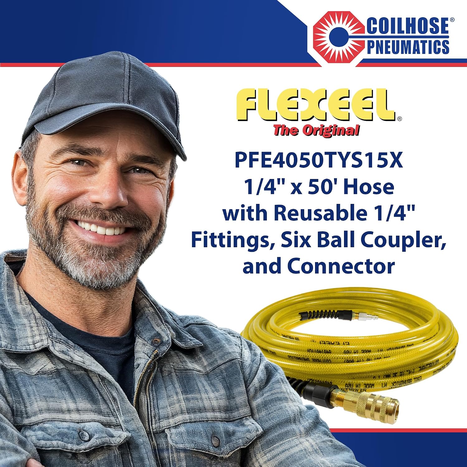 Coilhose Pneumatics PFE4050TYS15X Flexeel Reinforced Polyurethane Air Hose, 1/4" ID, 50' Length with 1/4" Industrial Coupler & Connector, Transparent Yellow
