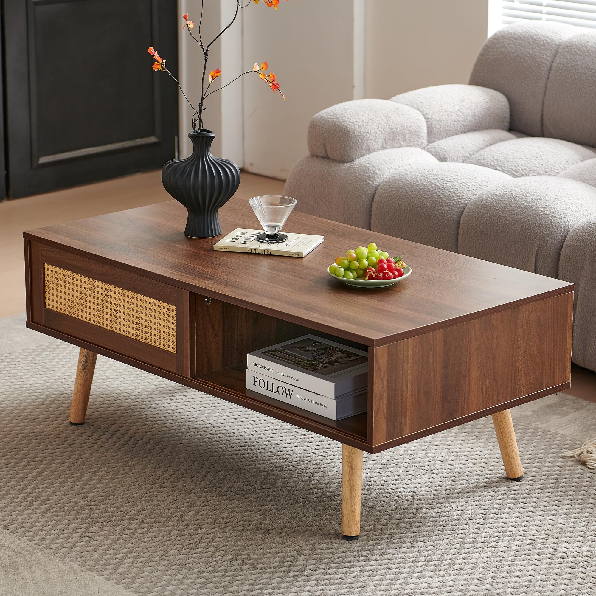 Hosnnile 41.3 Inch Wooden Coffee Table with Storage, Modern Rectangle Accent Center Sofa Table with Sliding PE Rattan Woven Door Panel & Solid Wood