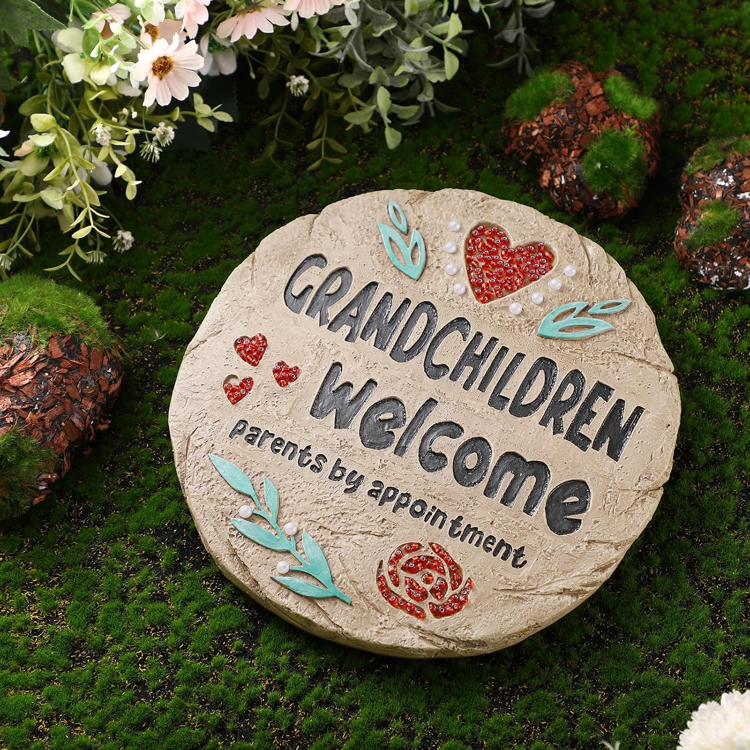Yuntau Grandchildren Welcome Stepping Stone - 10 Inch Resin Grandparents Gift, Spring Home Decoration for Lawn