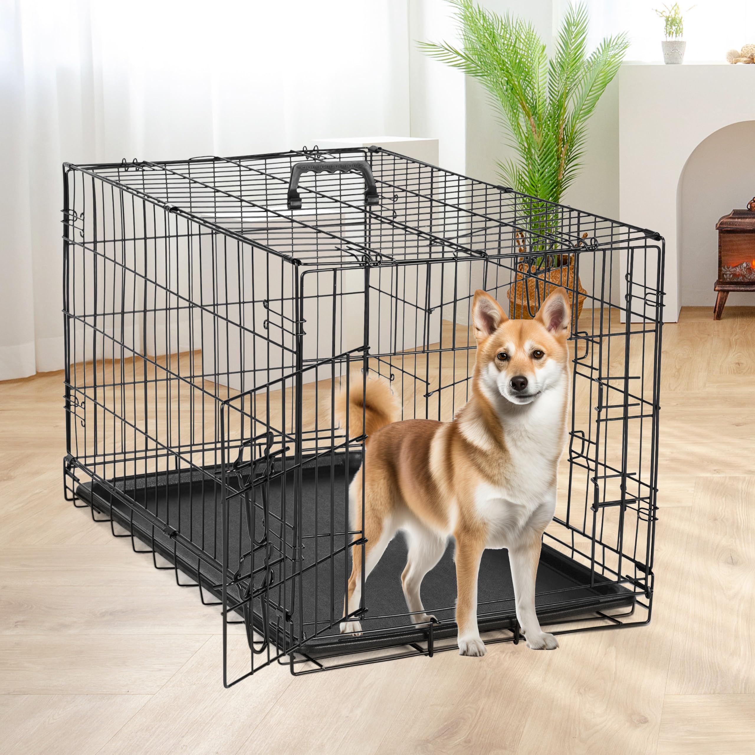 Simple Deluxe Cage pour chien de taille moyenne de 76,2 cm avec séparateur, cage pliante à double porte en fil métallique avec plateau en plastique anti-fuite, niche portable pour intérieur, extérieur