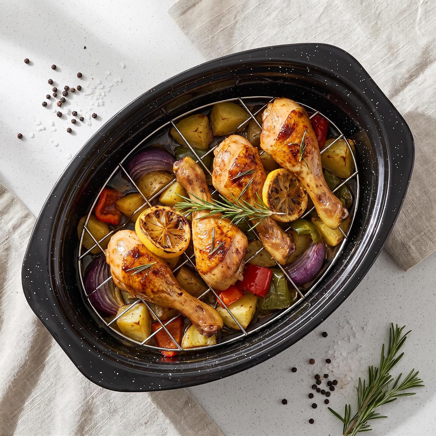 13"Enamel Roasting Pan with Lid and Rack Silicone Basting Brush, Deepen Design Small Oval Roaster Pan Set Deep Baking Pan for Sourdough Bread Lasagna Chicken Vegetable Dishwasher Safety