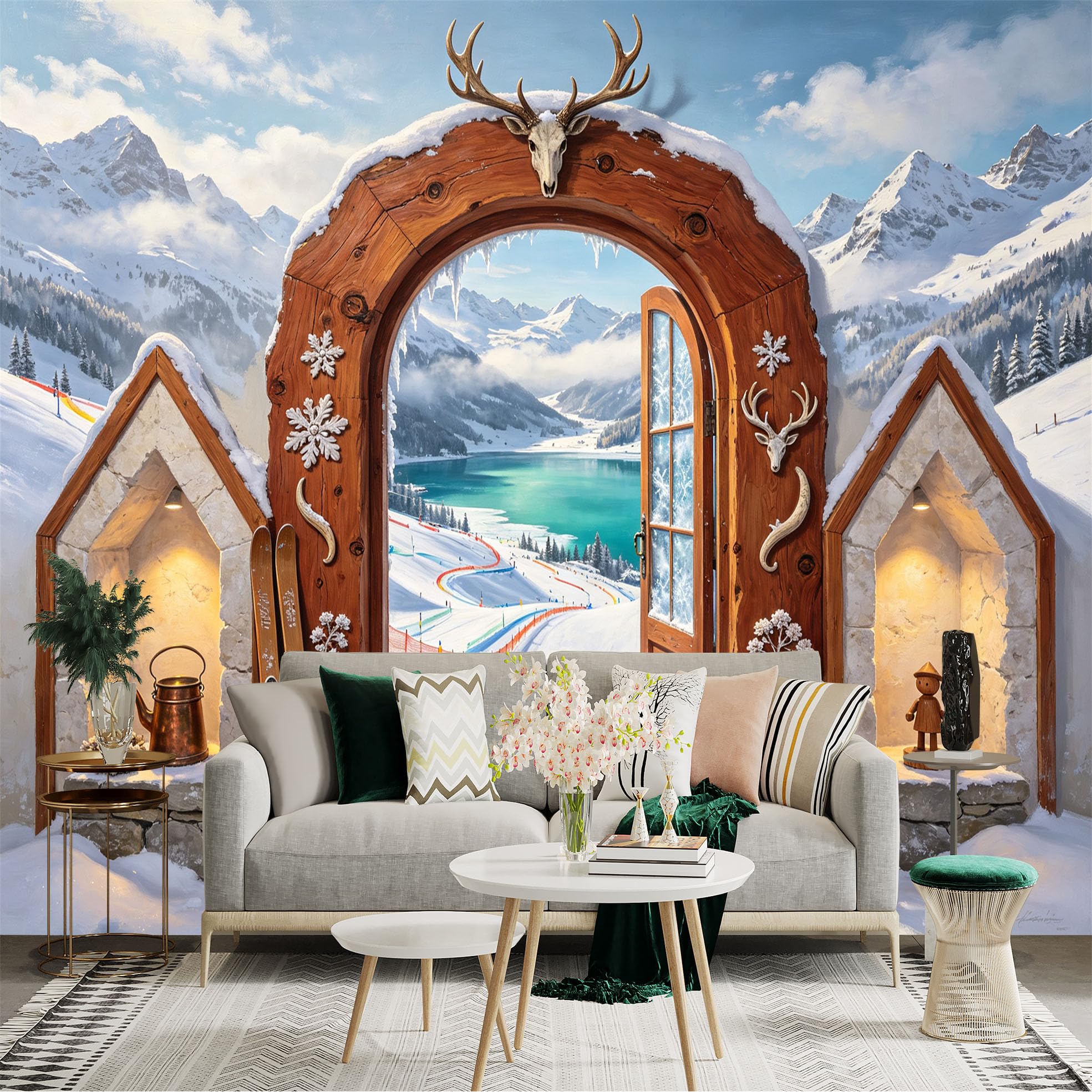 Custom Size Wall Sticker Mural， Snowy Mountain Lake Ski Chalet Winter Landscape， for wall Decoration， peelandstick wall Decals.