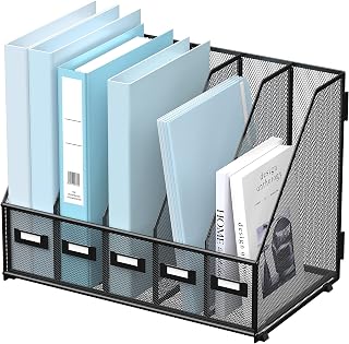 SUPEASY Metal Mesh 5-Compartment Magazine File Holder - Vertical Desk Organizer Rack for Office Home Black