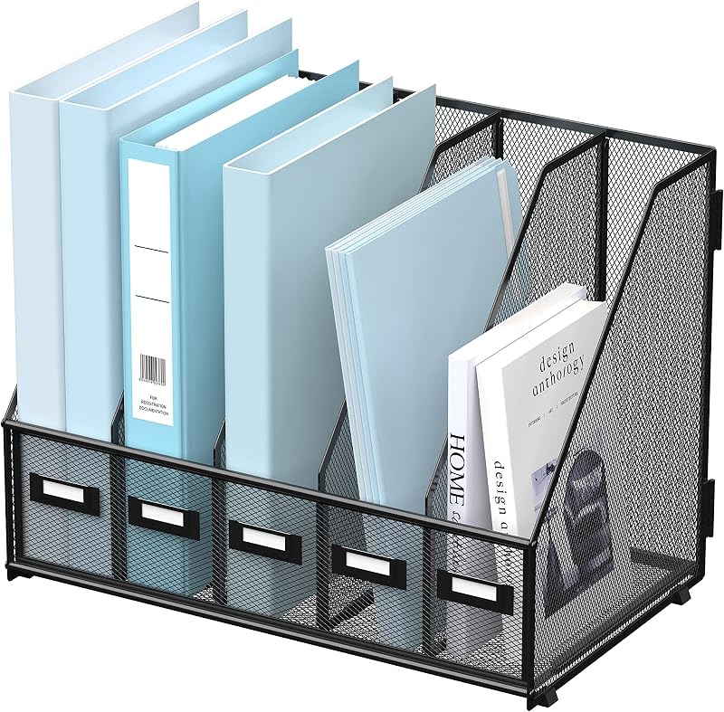 Organizadores de escritorio Soporte para archivos de revistas de escritorio de metal con 5 compartimentos verticales Organizador de archivos en rack para escritorio de oficina, aula, espacio de trabajo en el hogar, negro