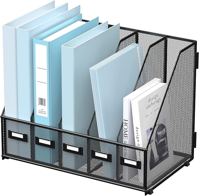 SUPEASY Desk Organizers Metal Desk Magazine File Holder with 5 Vertical Compartments Rack File