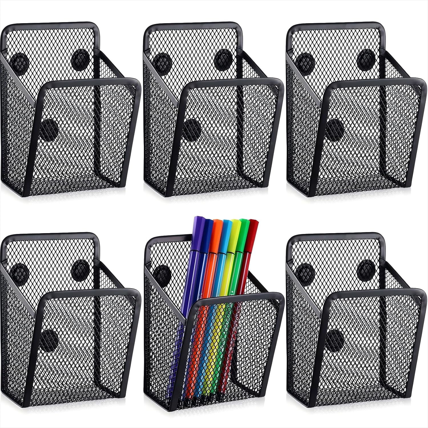 Yexiya Magnetic Pencil Holder Metal Magnetic Basket Mesh Pen Holder Black Desk Organizer for Work Whiteboard Refrigerator Locker Office Accessories(6 Pcs)