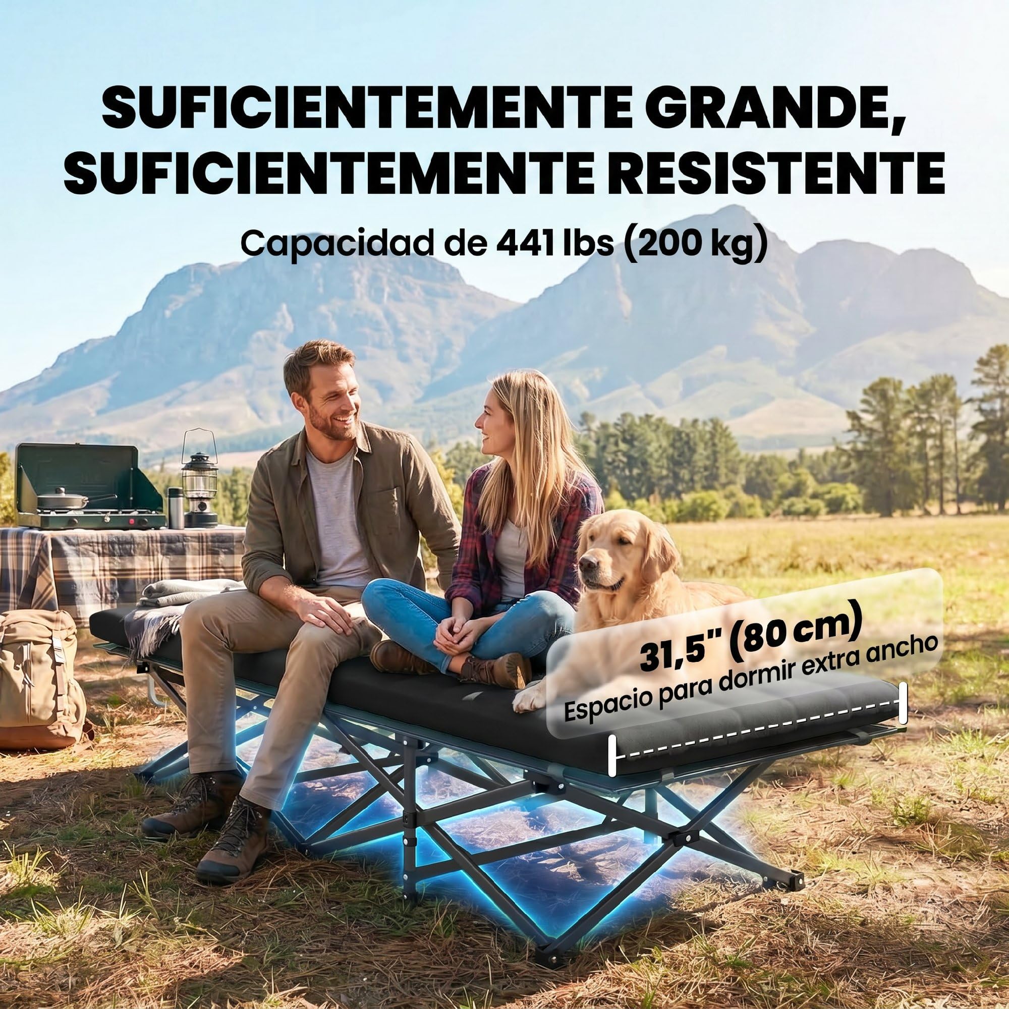 Outsunny Cama Plegable Camping con Colchón Extraíble Cama de Acampada Portátil Extra Ancha 80 cm Tela Oxford 600D con Reposacabezas Bolsa Transporte Bolsillo Carga 200 kg para Playa Senderismo Negro