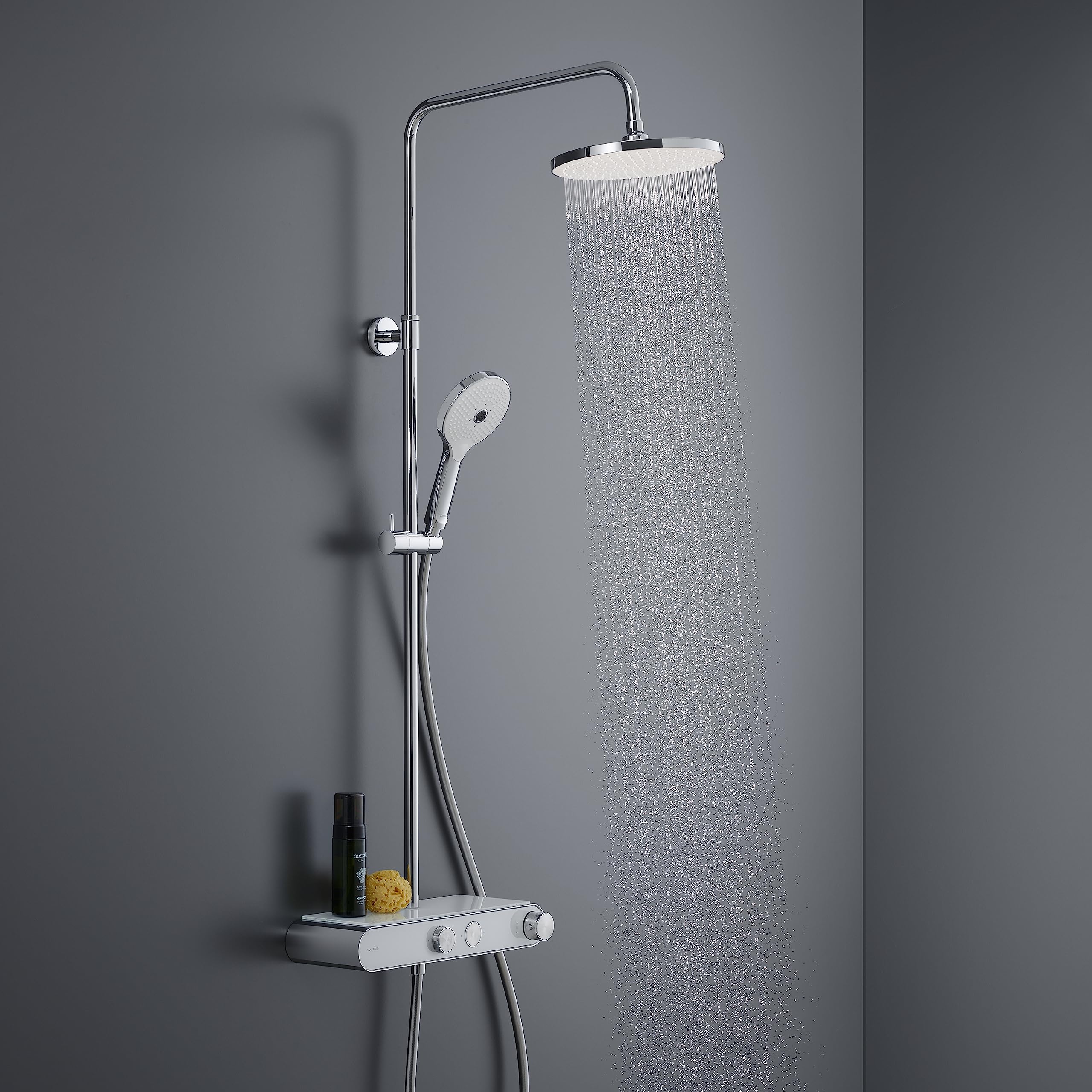 Duravit Duschsystem, wassersparendes Shower System, Duschkopf mit 3 Strahlarten (Rain, Pulse, Mono), im Winkel verstellbar, Duschset reinigungsfreundlich, Duschsystem mit Thermostat, Chrom/Weiß