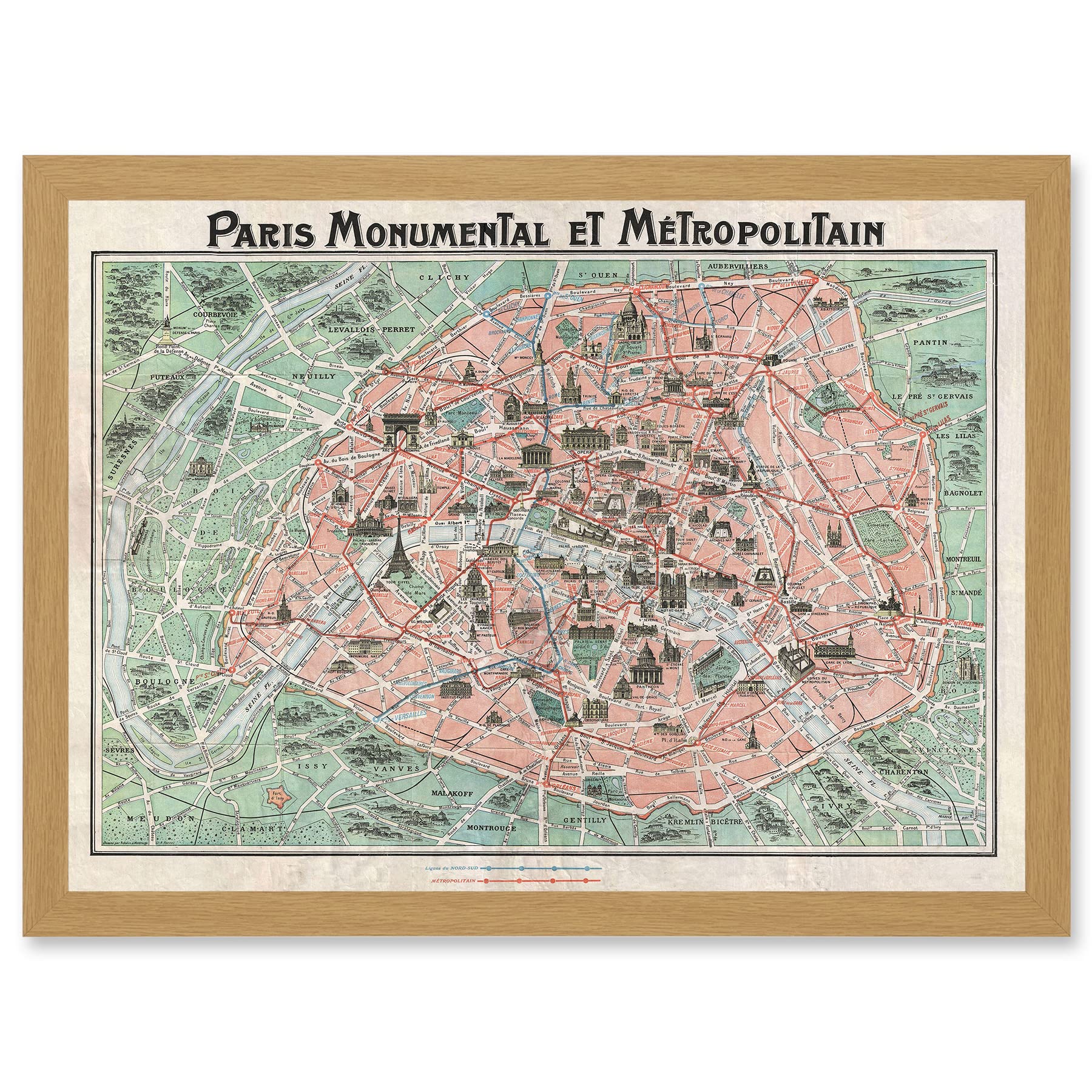 Wee Blue Coo Robelin Paris Metropolitan Monument Map France Artwork Framed Wall Art Print A4