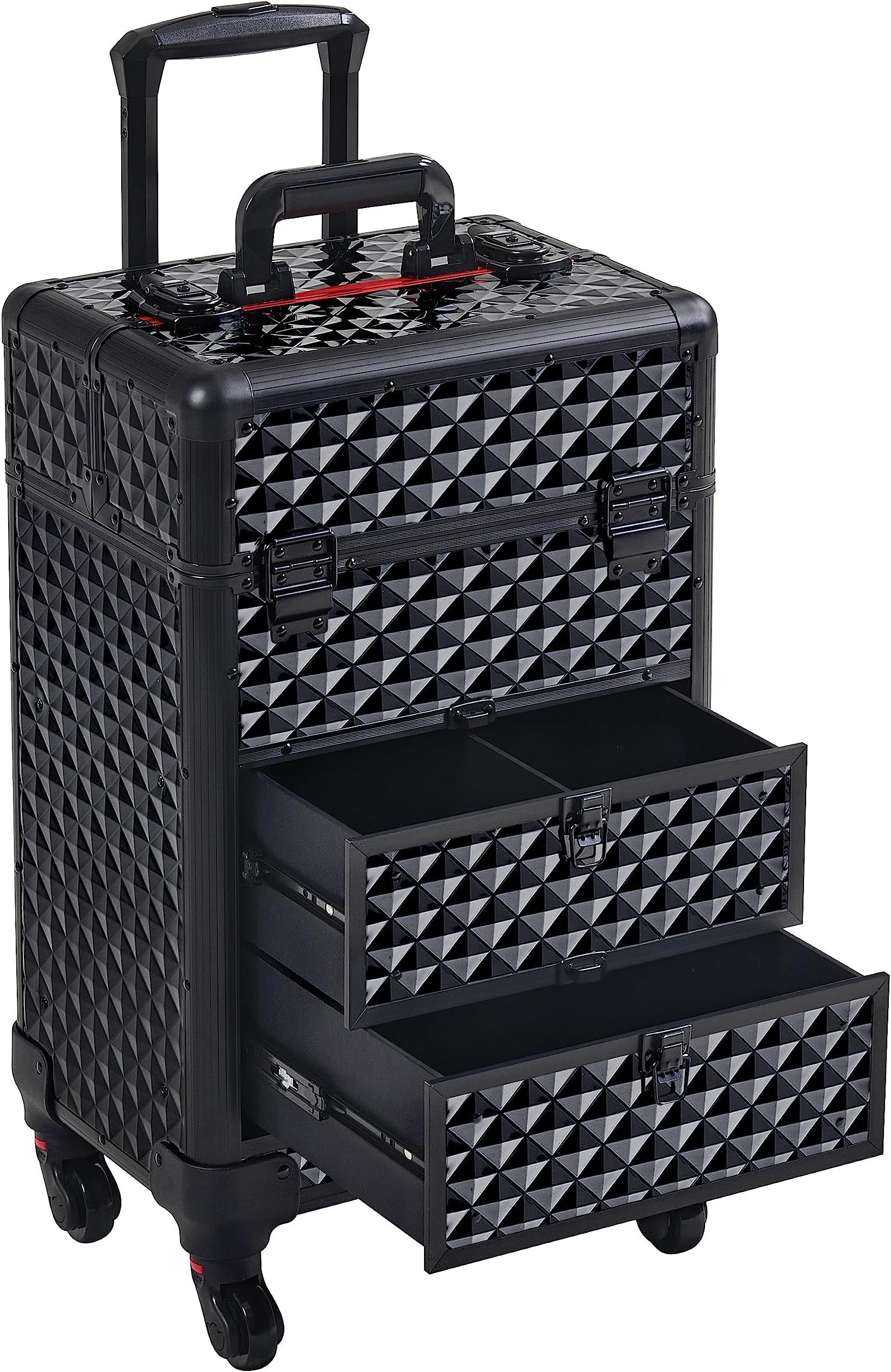Rolling Makeup Train Case with Drawers Professional Nail Tech Travel Case Cosmetics Storage Organizer Beauty/Nail Art/Hair Styling Travelling Cart Trunk Black, Black, 1 Count (Pack of 1