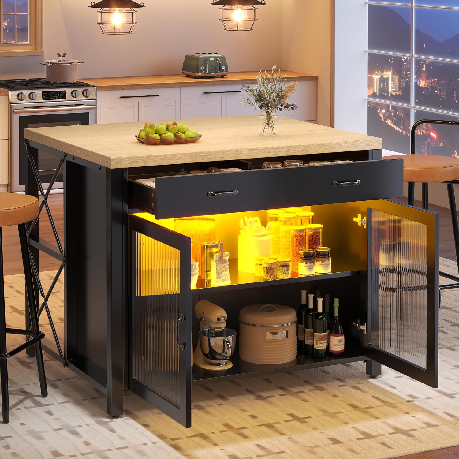 Kitchen Island Kitchen Trolley with LED Light Strip Kitchen Cabinet with 2 Drawers and Glass Door Buffet Cabinet with Kitchen Worktop and Adjustable Feet for Kitchen Dining Room 100 x 80 x