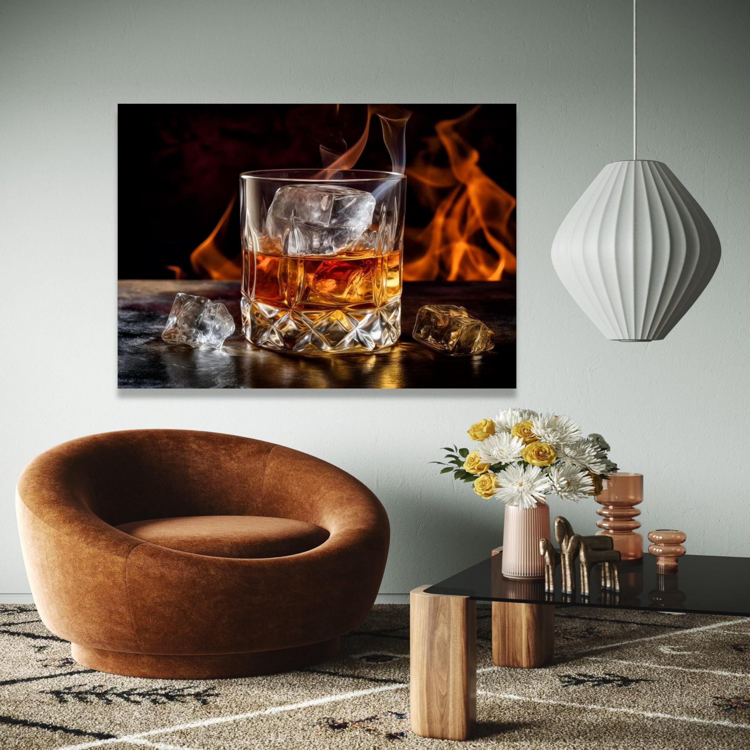 YUSUZHU Lienzo de vaso de whisky con cubitos de hielo, fondo, arte de pared rústico para bar, decoración de bebidas alcohólicas, pósteres de bar, pintura impresa (50 x 75 cm/marco interior)