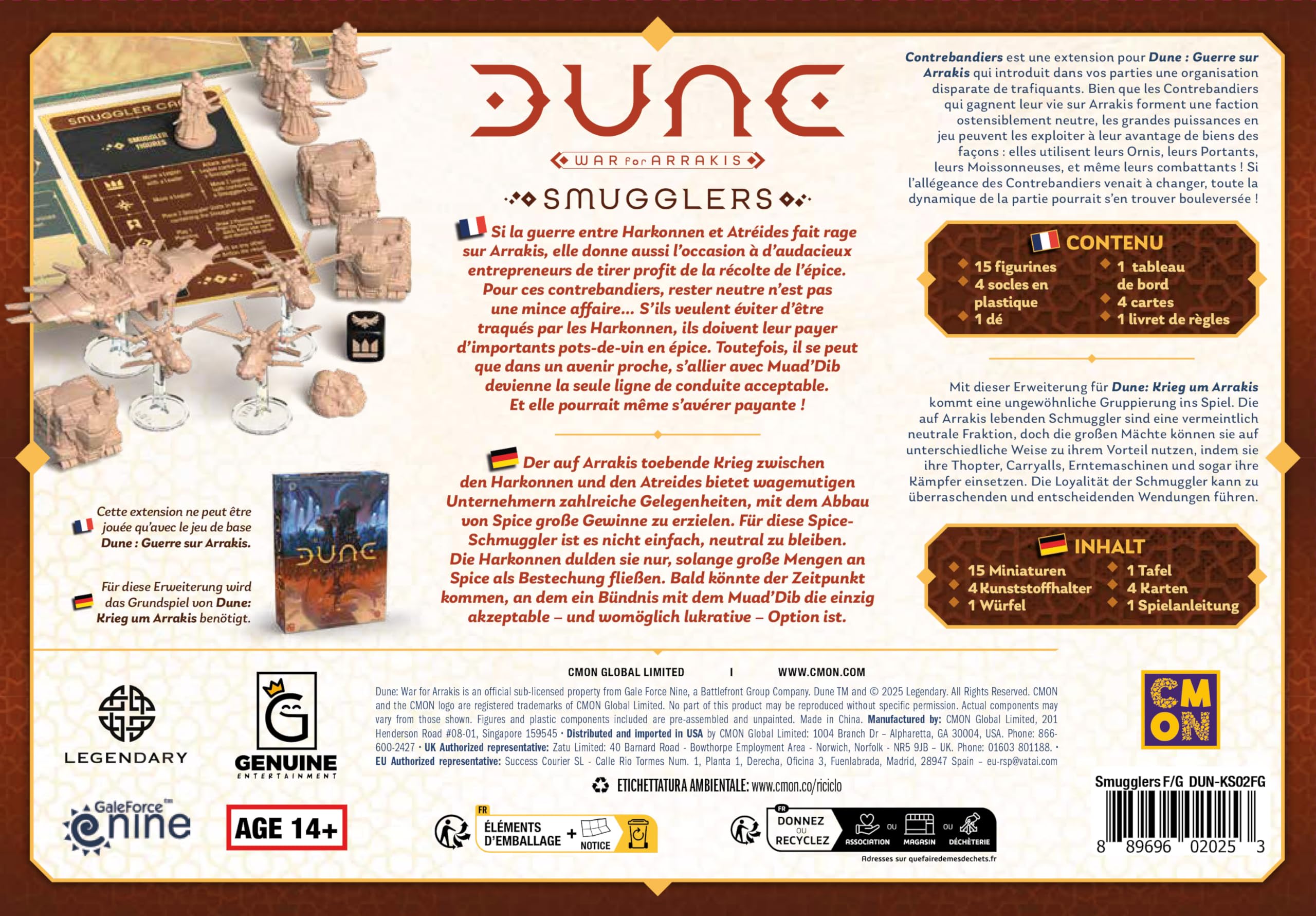 Asmodee - Düne: Schmuggler – Cmon – Gesellschaftsspiele – Erweiterung Strategiespiel Expert – neutrale Fraktion zum Kontrollieren – Figuren – 14+ – 2 bis 4 Spieler – 120 Minuten – französische Version