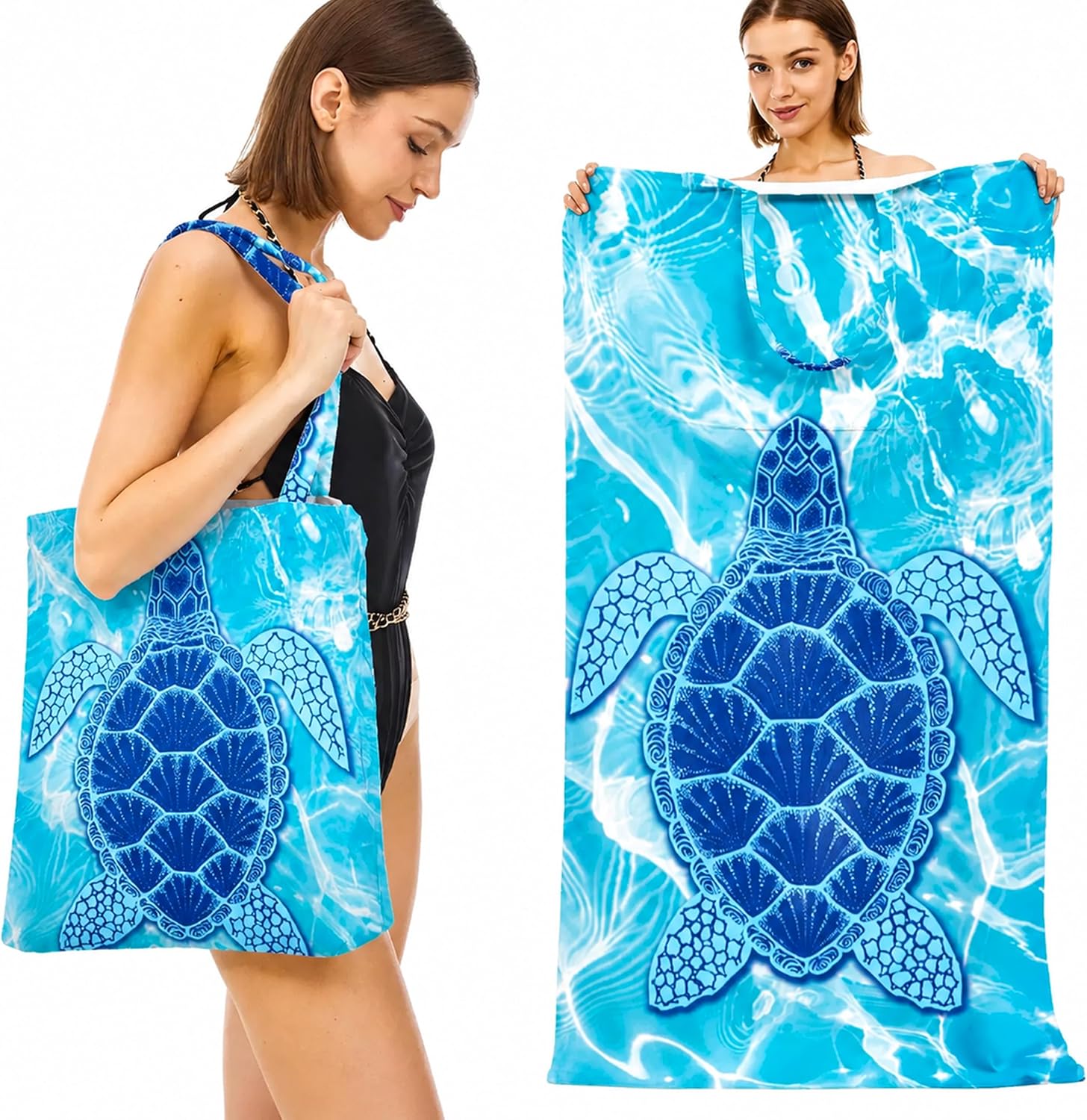 2 in 1 Packable Beach Towel Bag with Shoulder Strap, Sea Turtle 63″×31.5″